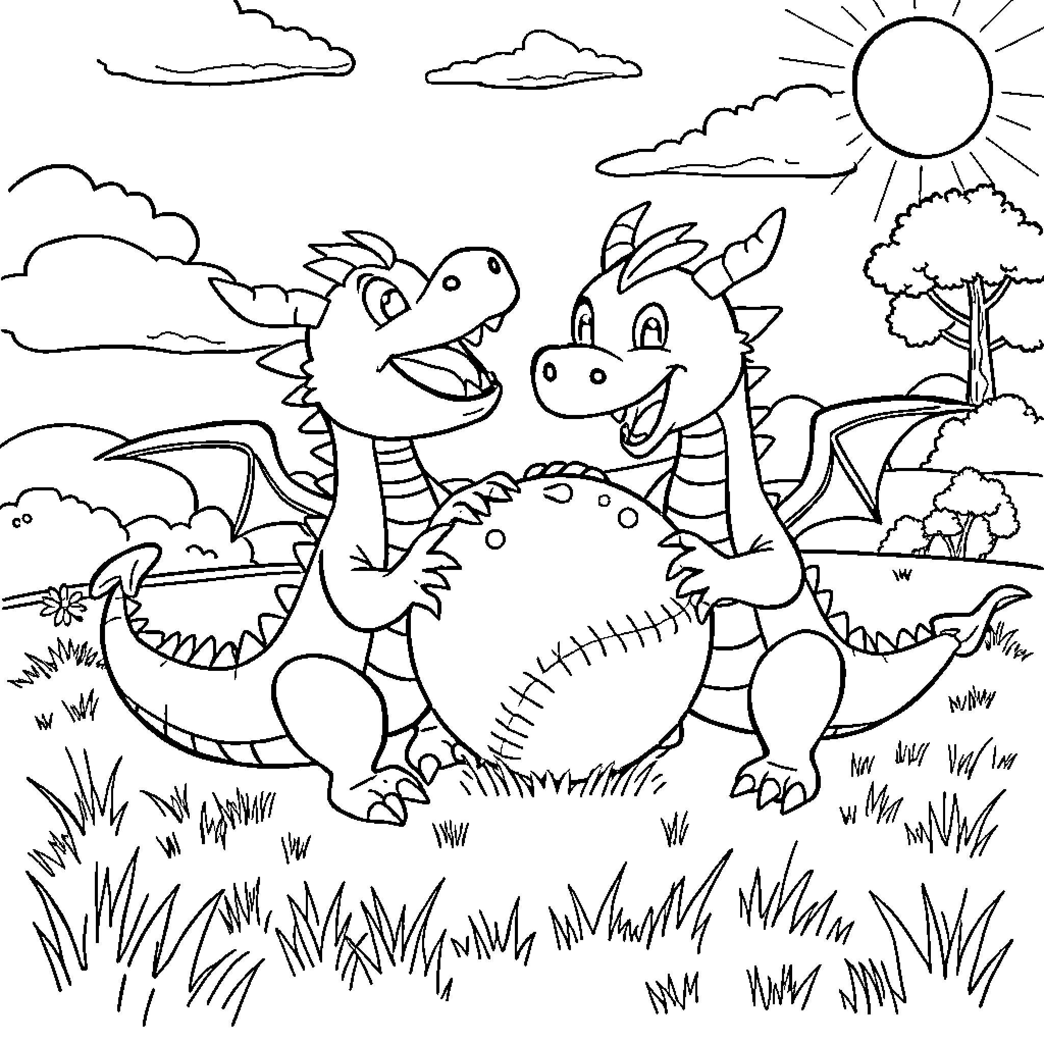 Dragon Duo Frolicking in Nature Coloring Page (free black-and-white line drawing printable PDF for all, from beginners to advanced learners, including children, teens, adults, and seniors)