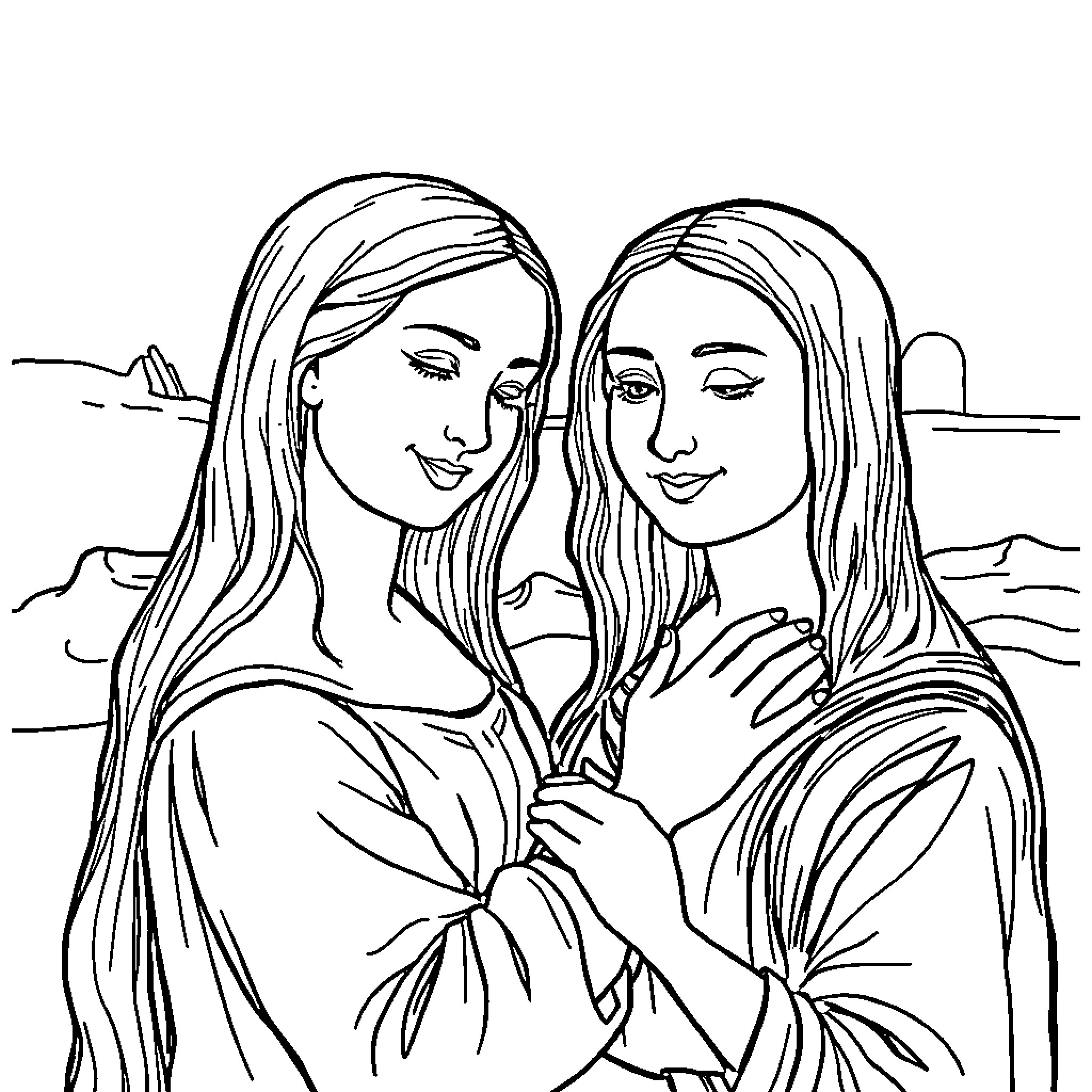 Mona Lisa with Companion in Intimate Embrace Coloring Page (free black-and-white line drawing printable PDF for all, from beginners to advanced learners, including children, teens, adults, and seniors)