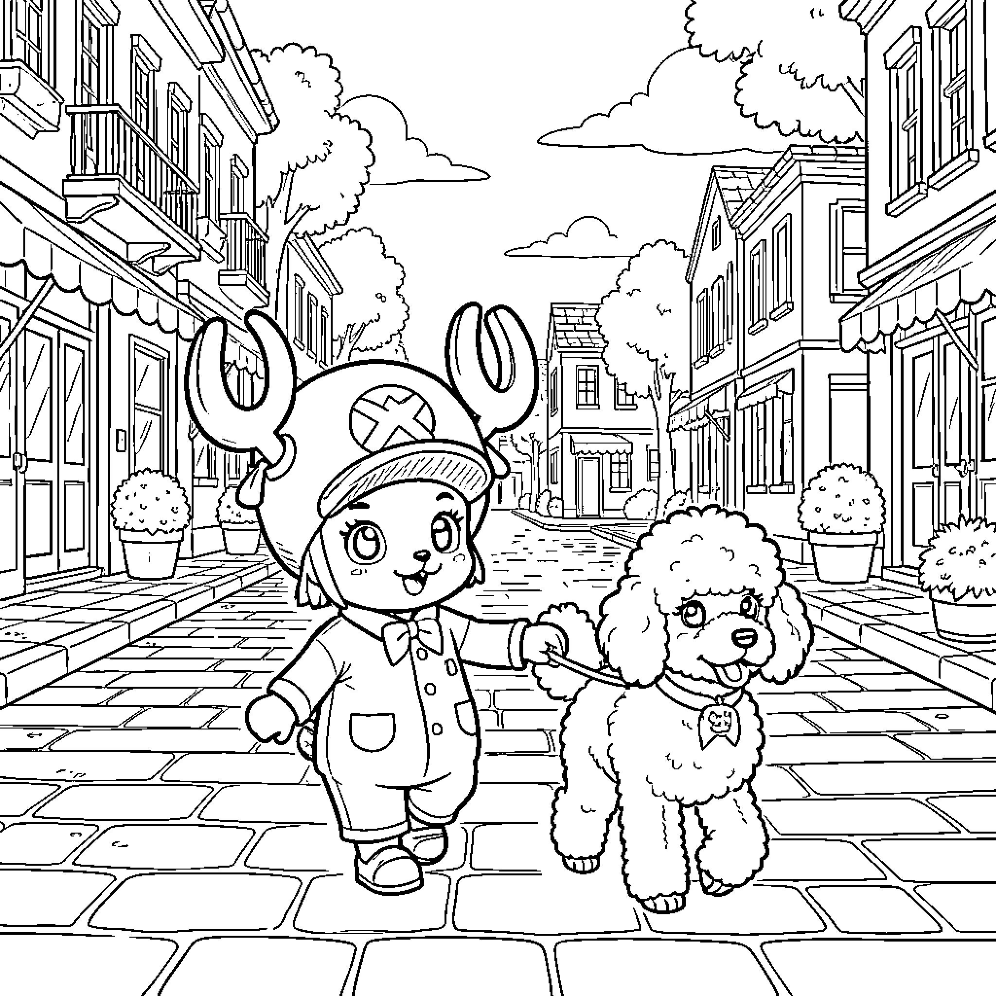 Tony Tony Chopper walking a small dog on a street Coloring Page (free black-and-white line drawing printable PDF for all, from beginners to advanced learners, including children, teens, adults, and seniors)