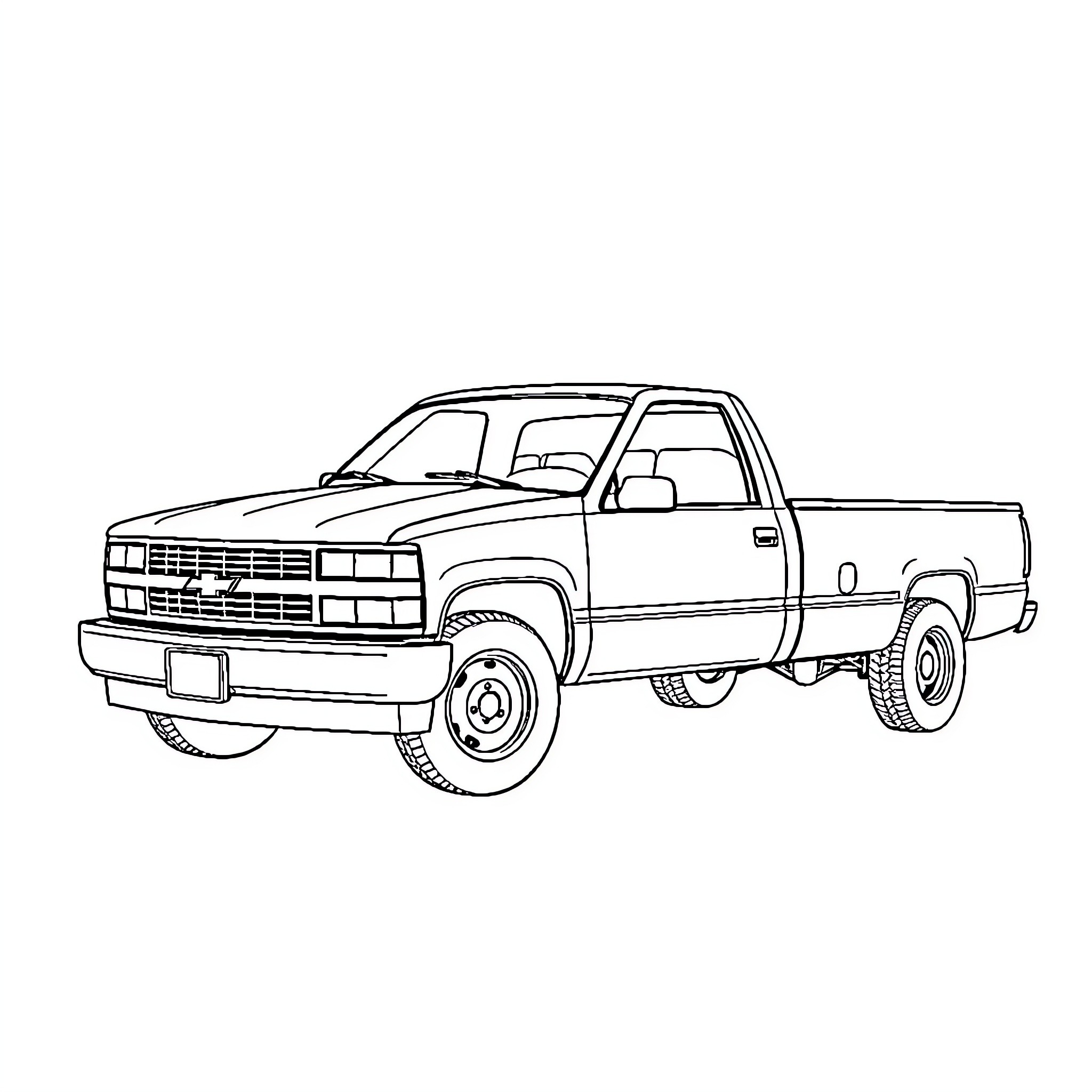 Chevy pickup truck on the road Coloring Page (free black-and-white line drawing printable PDF for all, from beginners to advanced learners, including children, teens, adults, and seniors)