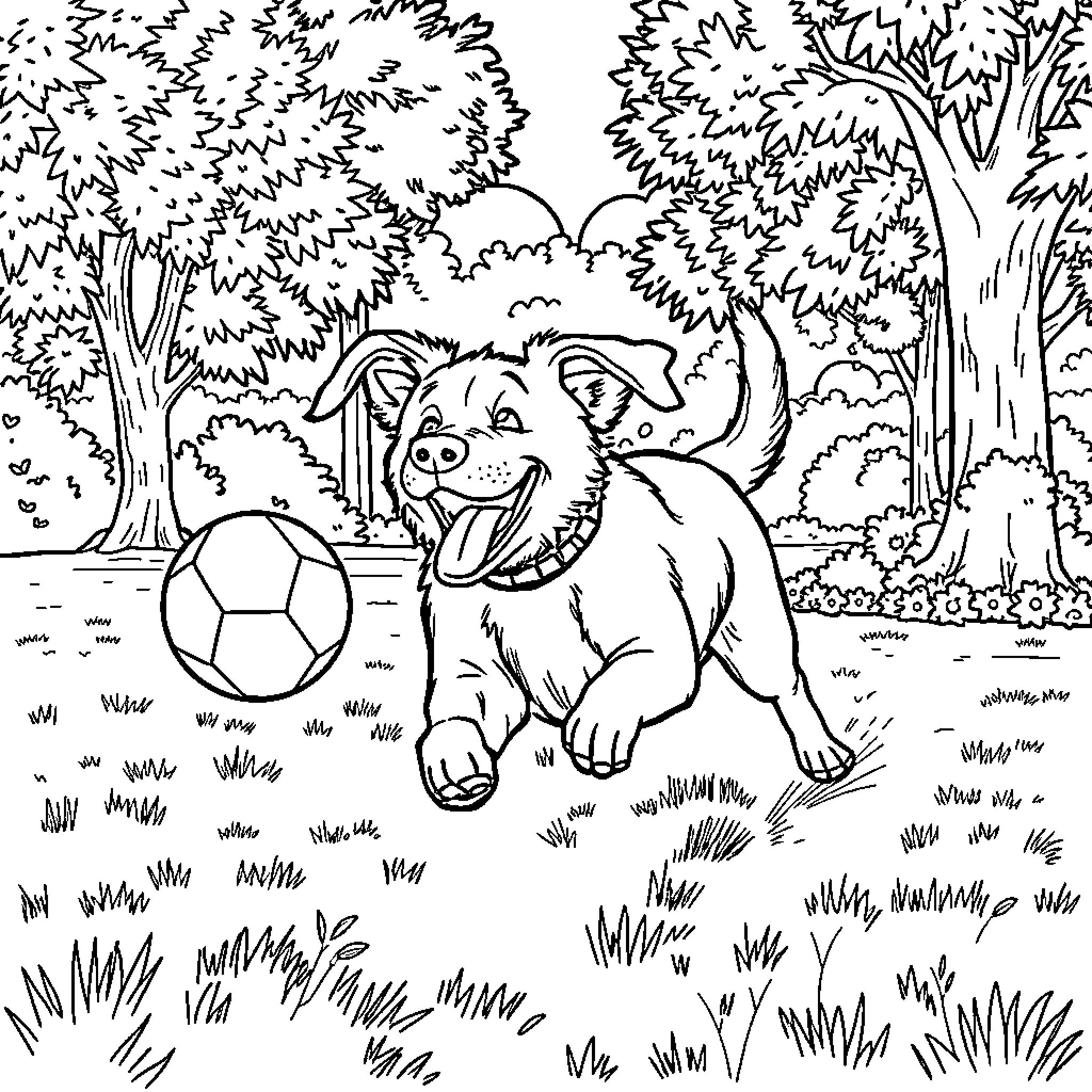 Dog playing joyfully with soccer ball in forest Coloring Page (free black-and-white line drawing printable PDF for all, from beginners to advanced learners, including children, teens, adults, and seniors)