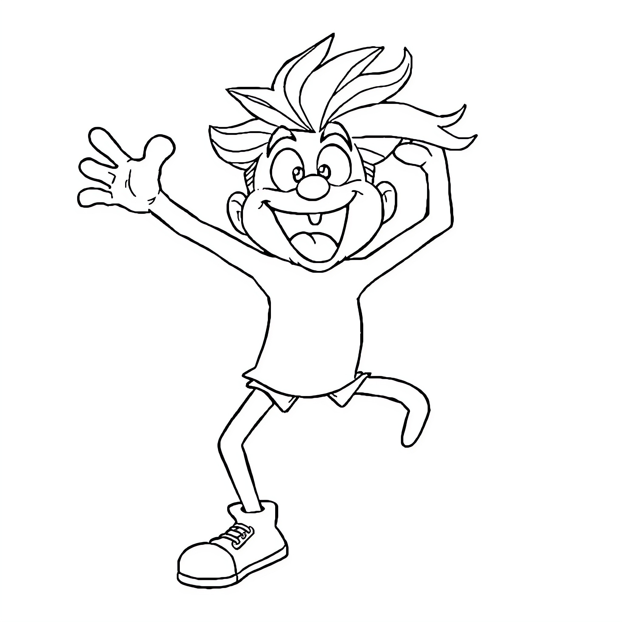 Character excitedly jumping and gesturing Coloring Page (free black-and-white line drawing printable PDF for all, from beginners to advanced learners, including children, teens, adults, and seniors)