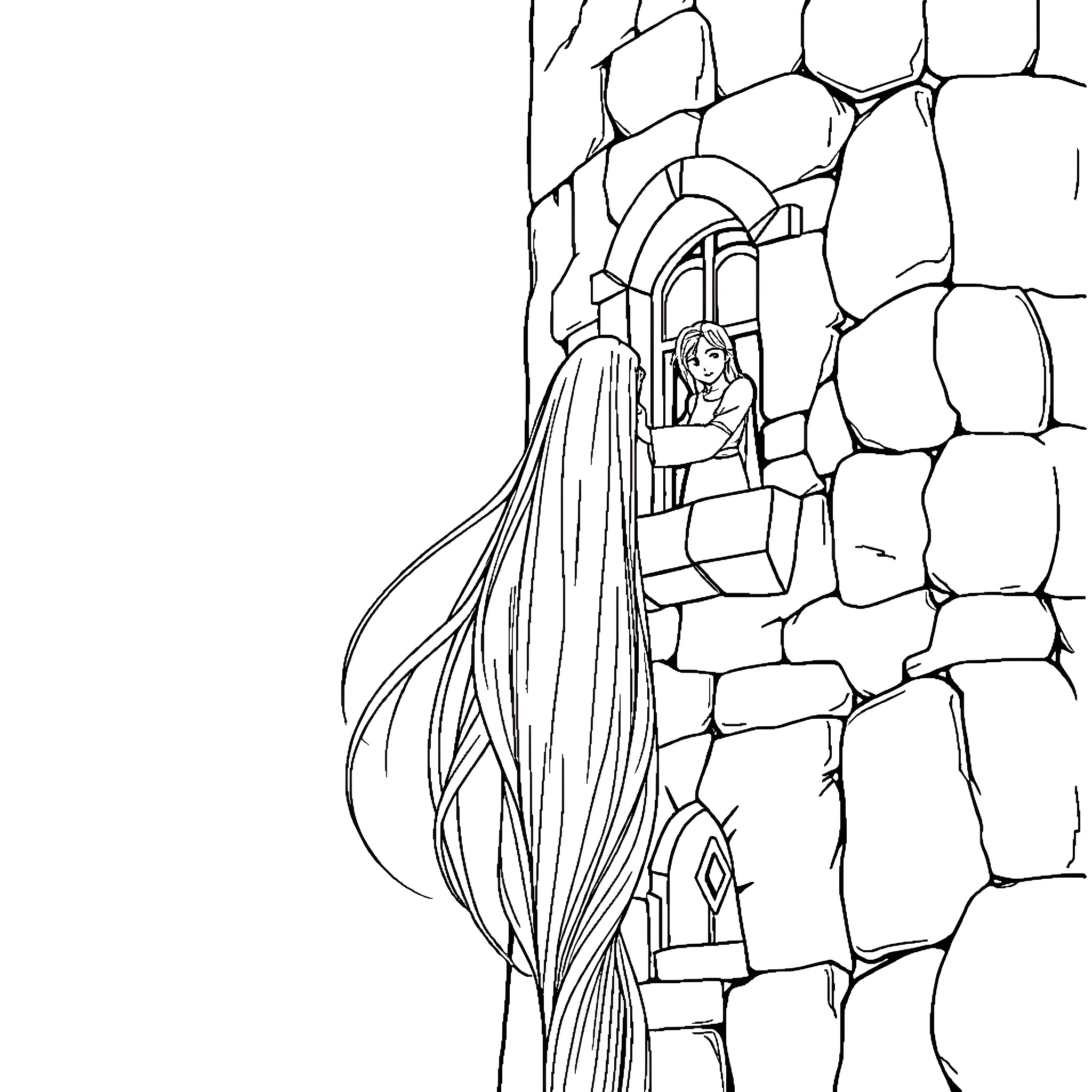 Rapunzel looking out from her tower window Coloring Page (free black-and-white line drawing printable PDF for all, from beginners to advanced learners, including children, teens, adults, and seniors)