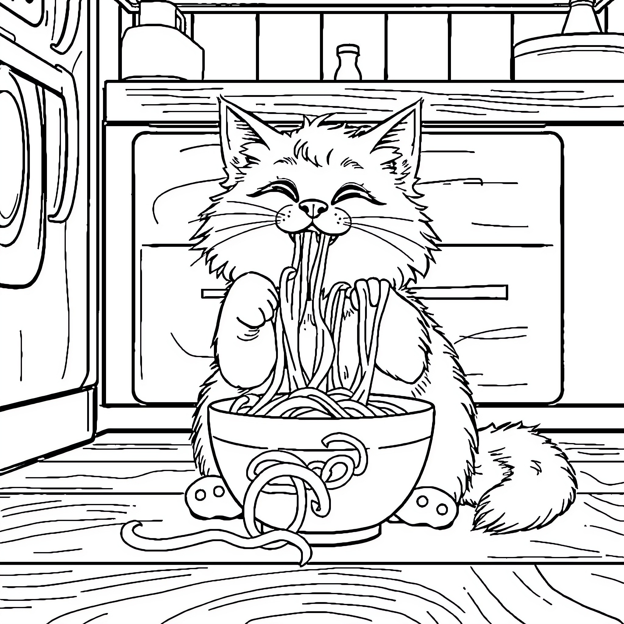 Cat Enjoying Noodles in the Kitchen Coloring Page (free black-and-white line drawing printable PDF for all, from beginners to advanced learners, including children, teens, adults, and seniors)