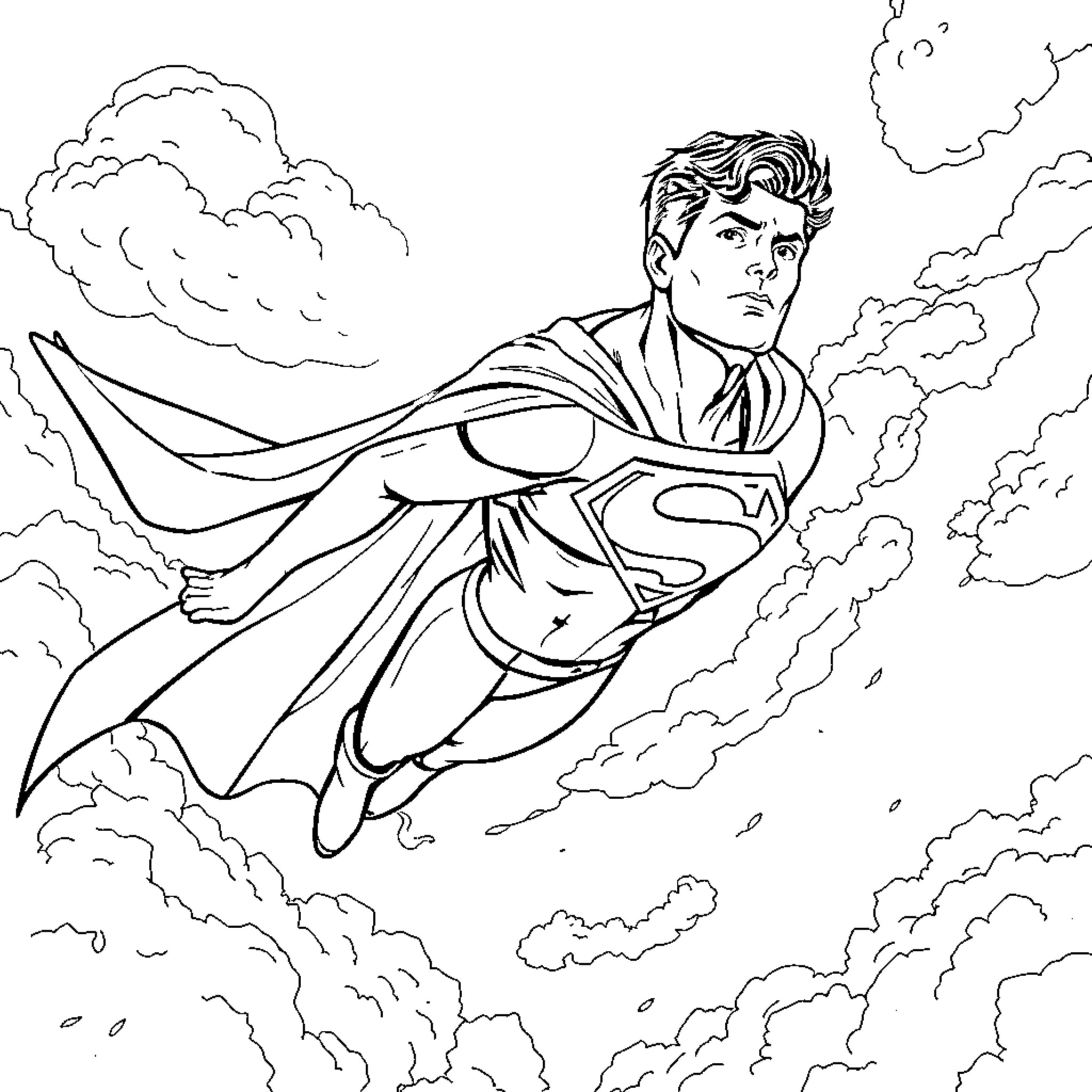 Superman soaring through the cloudy skies Coloring Page (free black-and-white line drawing printable PDF for all, from beginners to advanced learners, including children, teens, adults, and seniors)