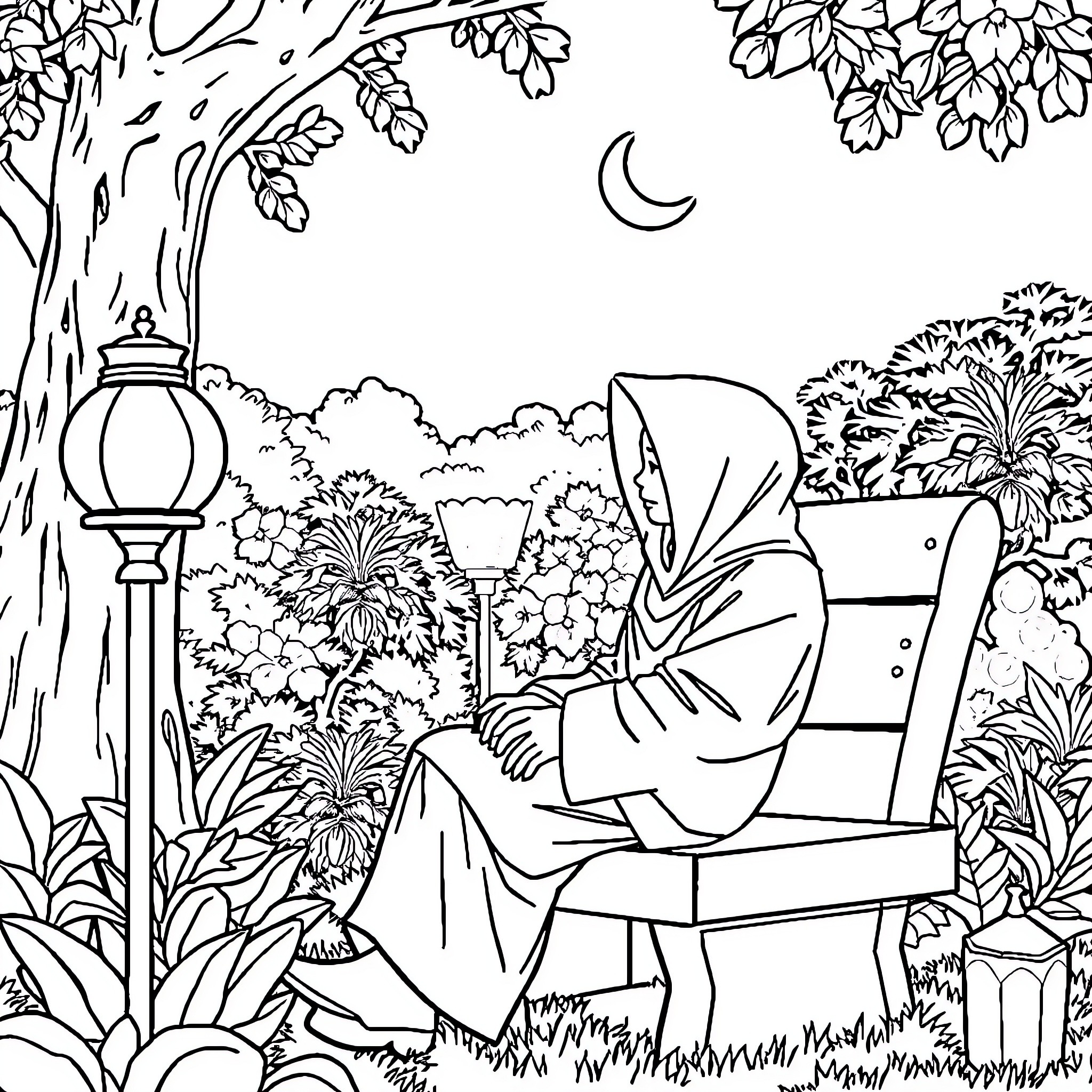 Pemuda relaxing in serene garden at night Coloring Page (free black-and-white line drawing printable PDF for all, from beginners to advanced learners, including children, teens, adults, and seniors)
