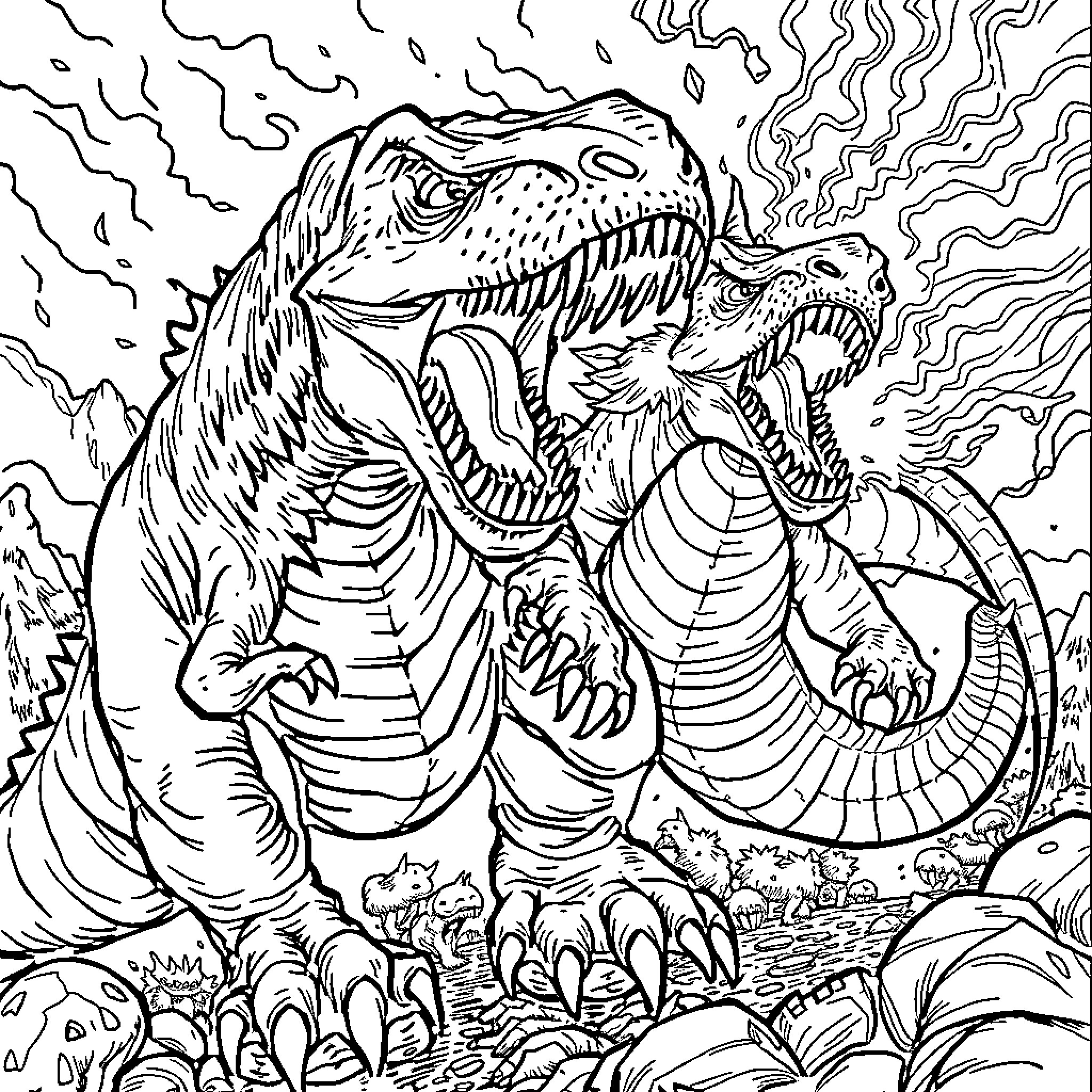 Dinosaurs engaging in a fierce battle Coloring Page (free black-and-white line drawing printable PDF for all, from beginners to advanced learners, including children, teens, adults, and seniors)
