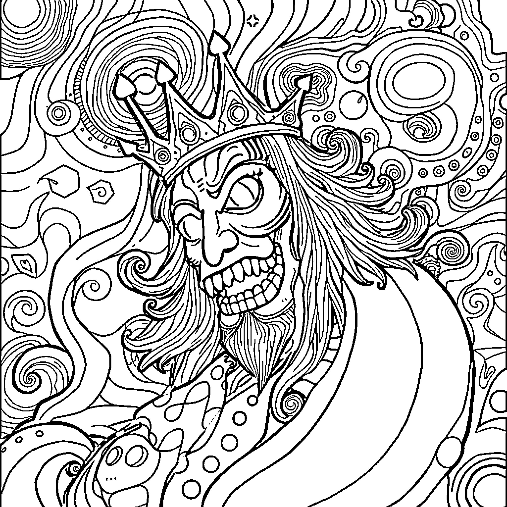 Gizzard's Psychedelic Visage Coloring Page (free black-and-white line drawing printable PDF for all, from beginners to advanced learners, including children, teens, adults, and seniors)