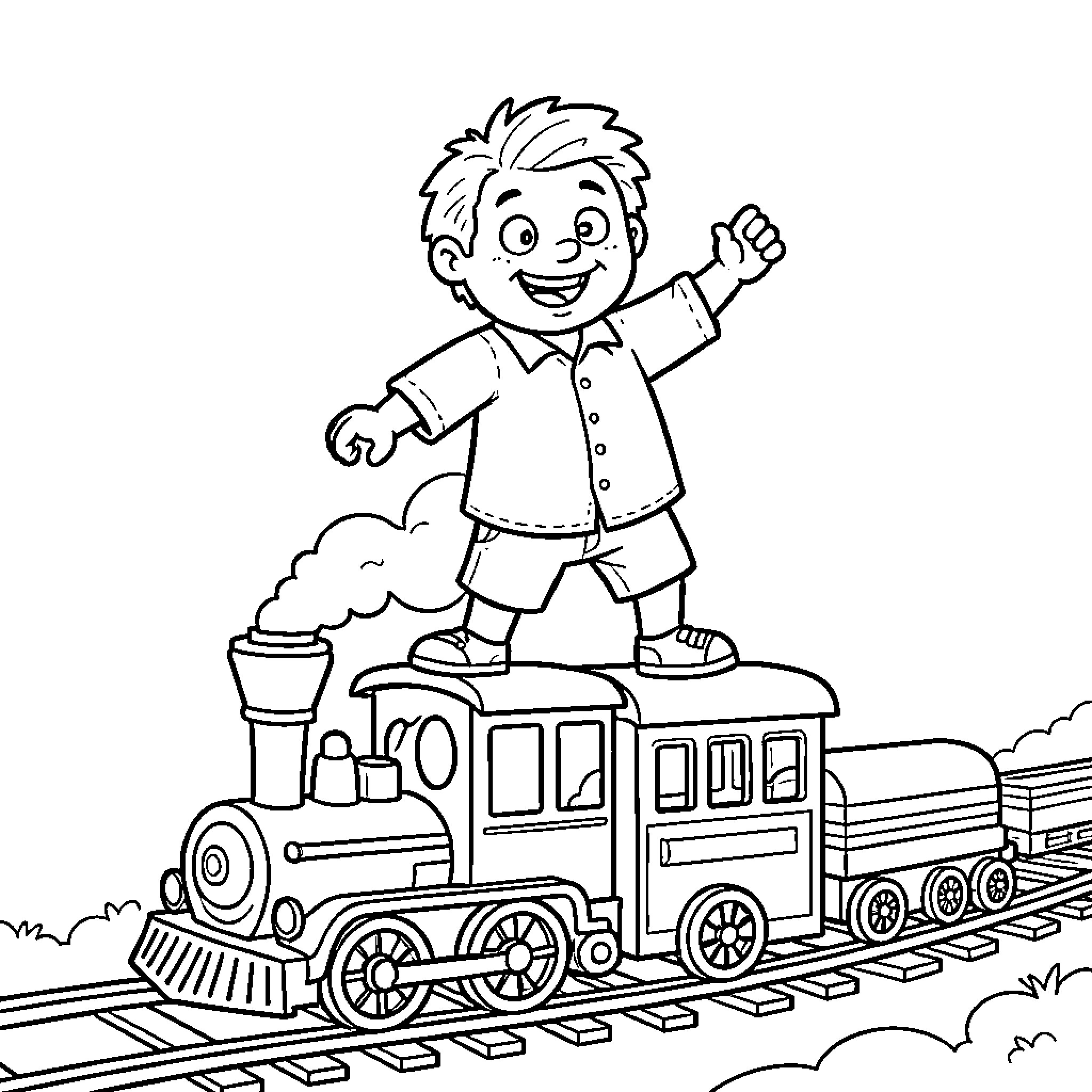 Wobbly Life of a Playful Boy on a Train Coloring Page (free black-and-white line drawing printable PDF for all, from beginners to advanced learners, including children, teens, adults, and seniors)