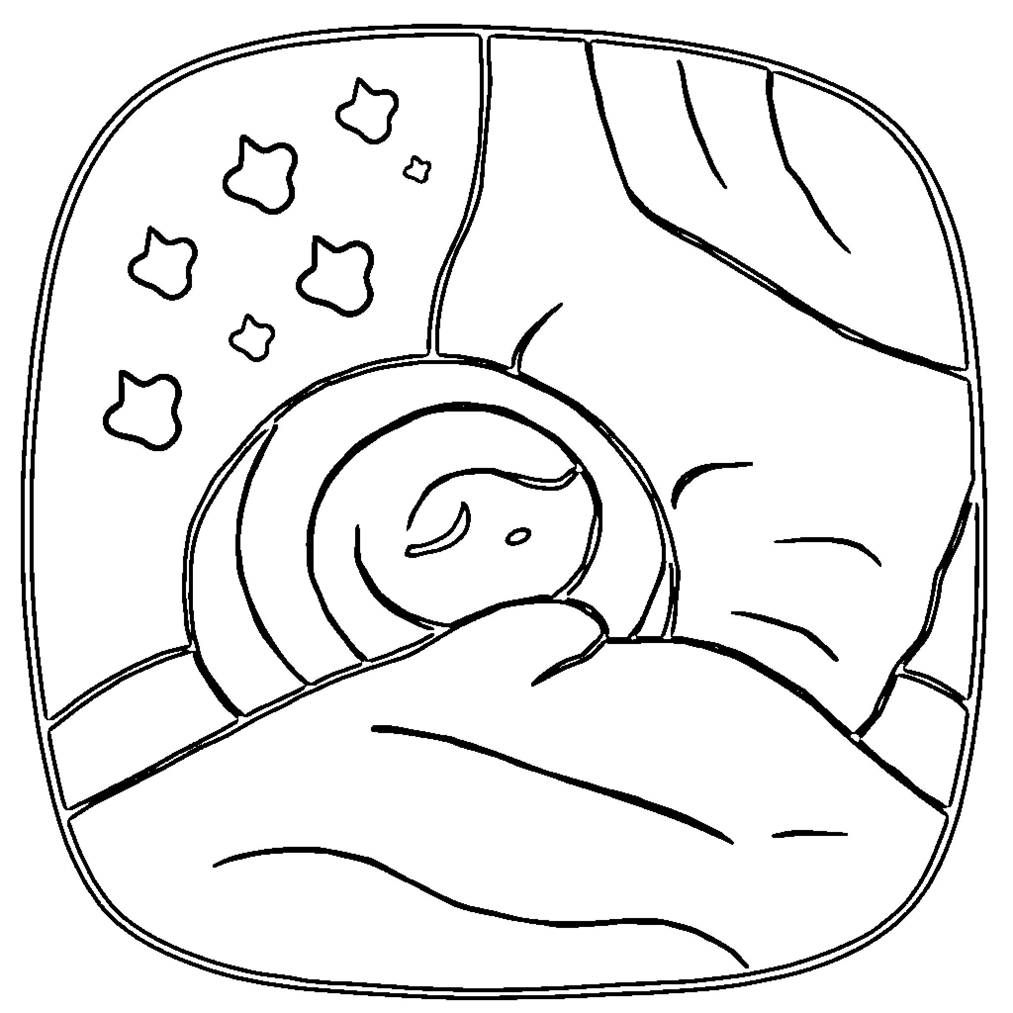 Cinnamon Roll sleeping peacefully under the night sky Coloring Page (free black-and-white line drawing printable PDF for all, from beginners to advanced learners, including children, teens, adults, and seniors)