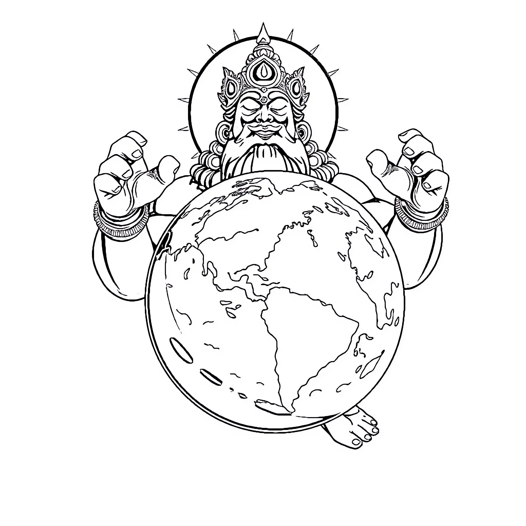 Hanumanji embracing and protecting the world Coloring Page (free black-and-white line drawing printable PDF for all, from beginners to advanced learners, including children, teens, adults, and seniors)
