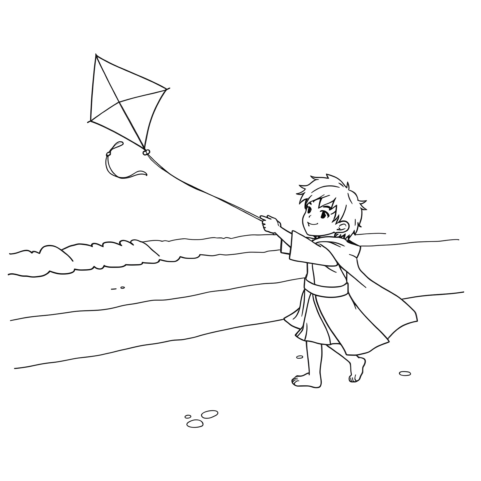 Frodo flying a kite on the beach Coloring Page (free black-and-white line drawing printable PDF for all, from beginners to advanced learners, including children, teens, adults, and seniors)