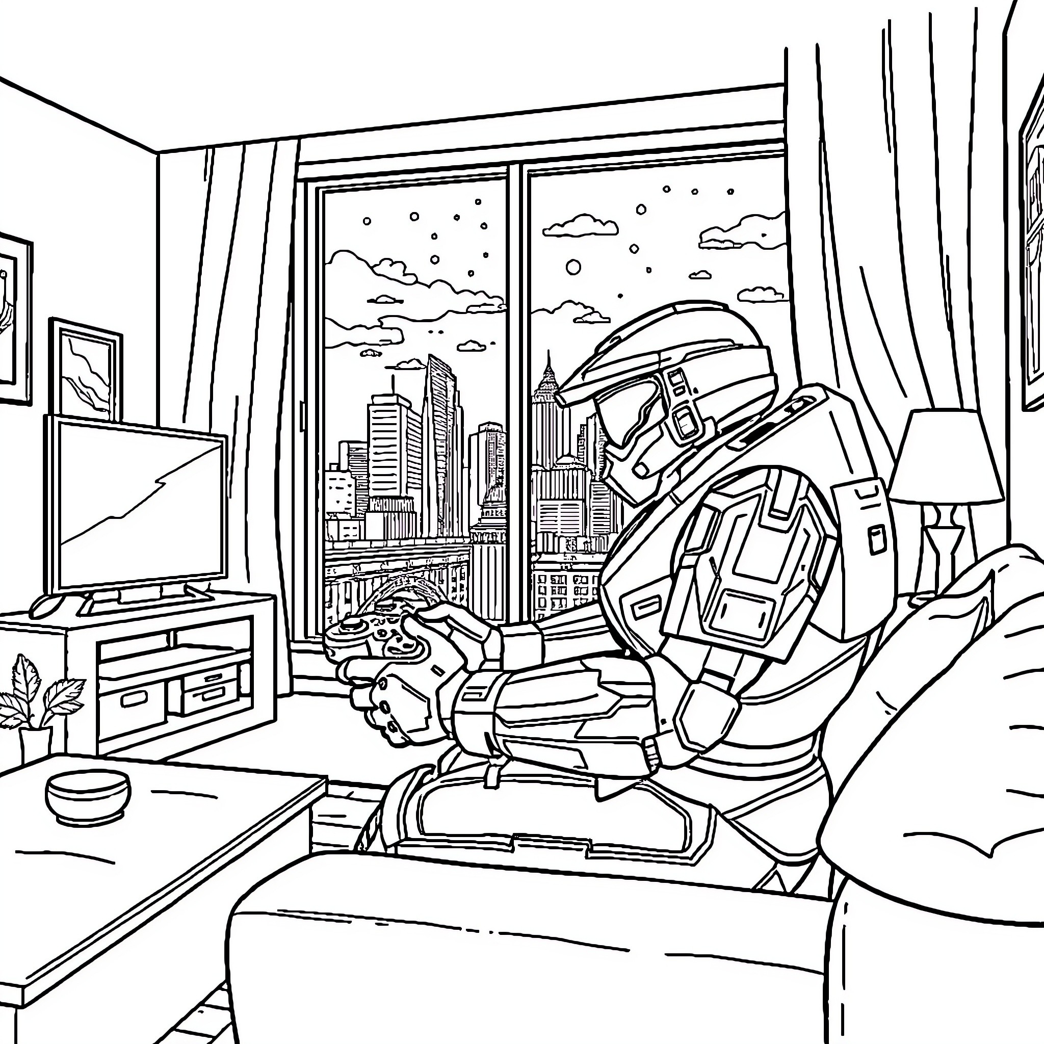 Master Chief relaxing in futuristic apartment Coloring Page (free black-and-white line drawing printable PDF for all, from beginners to advanced learners, including children, teens, adults, and seniors)