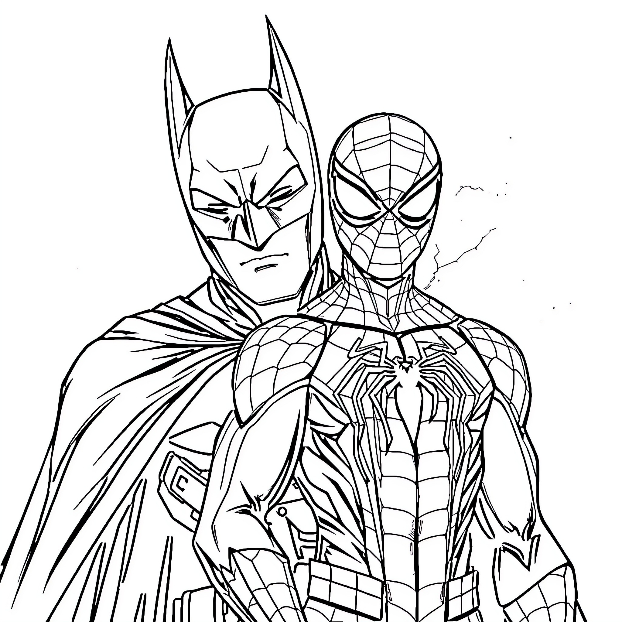 Batman Spider-Man Heroic Duo in Action Coloring Page (free black-and-white line drawing printable PDF for all, from beginners to advanced learners, including children, teens, adults, and seniors)