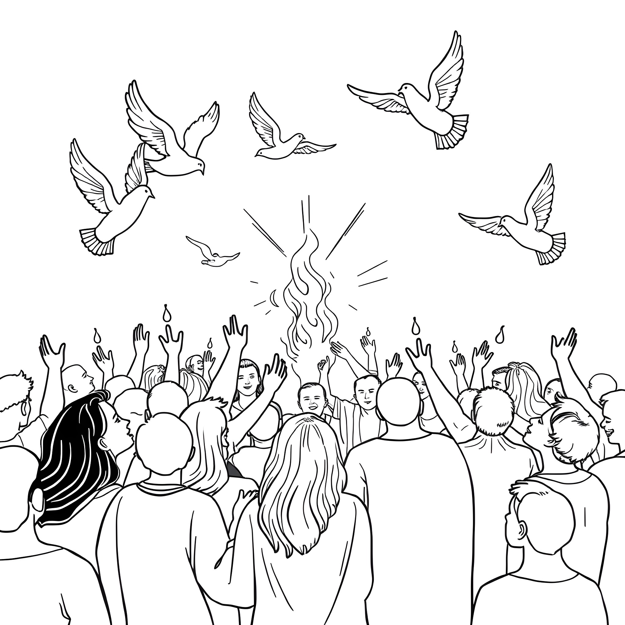 Pentecost gathering with worshiping people and descending doves Coloring Page (free black-and-white line drawing printable PDF for all, from beginners to advanced learners, including children, teens, adults, and seniors)