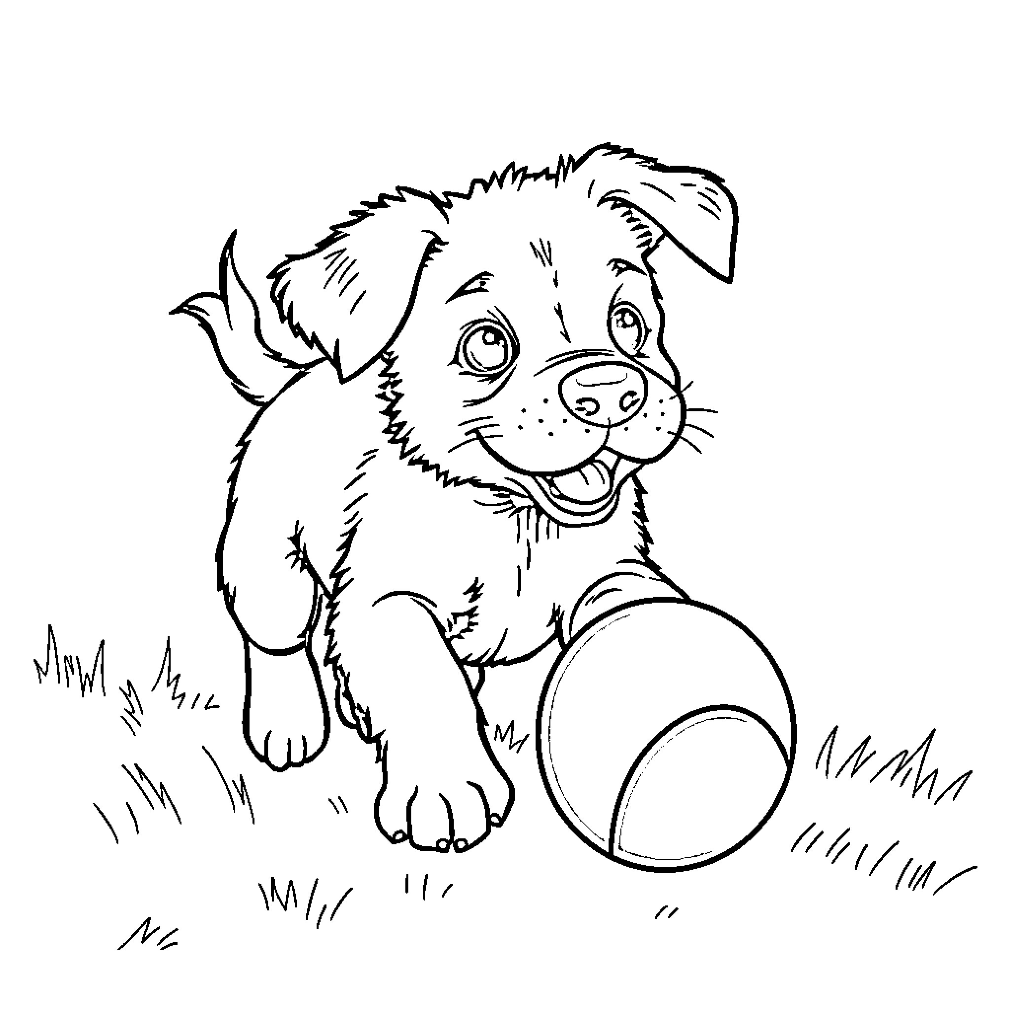 Puppy playing with a ball in the grass Coloring Page (free black-and-white line drawing printable PDF for all, from beginners to advanced learners, including children, teens, adults, and seniors)