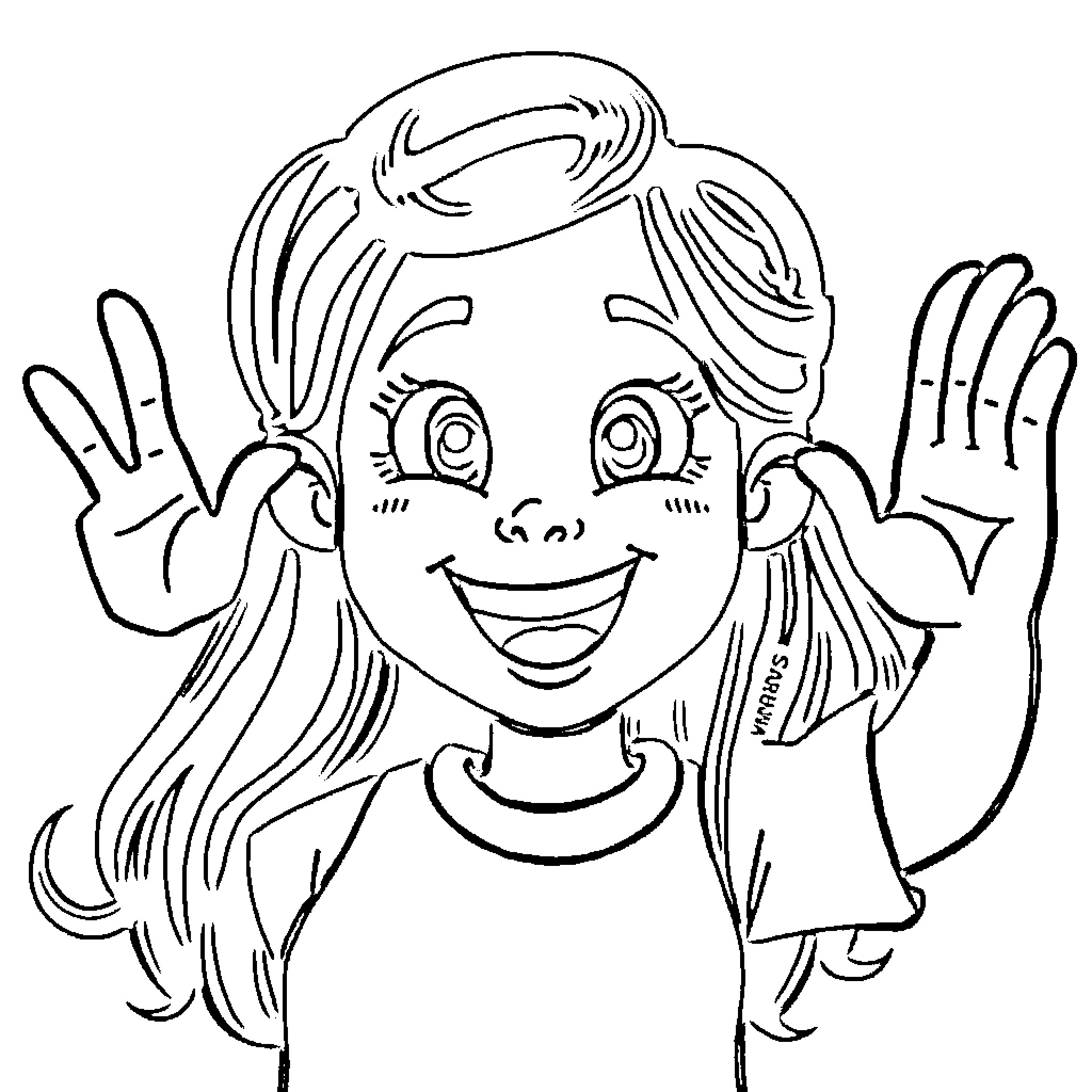 Yop Happy Girl Waving Cheerfully Coloring Page (free black-and-white line drawing printable PDF for all, from beginners to advanced learners, including children, teens, adults, and seniors)
