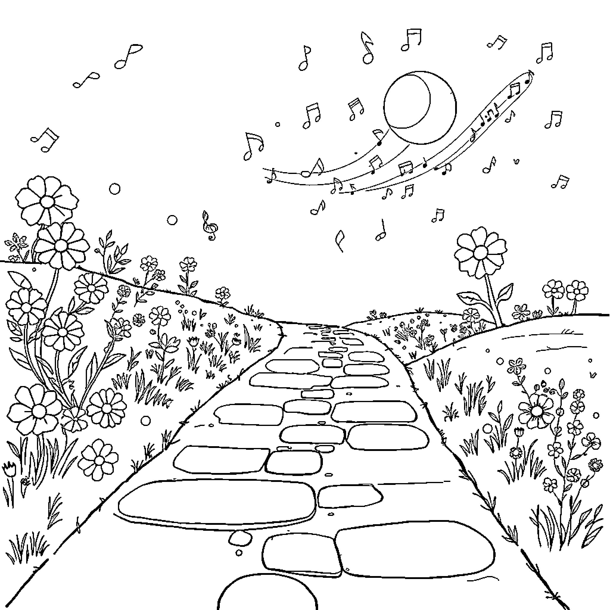 Musical Note Garden Path with Flowers and Music Notes Coloring Page (free black-and-white line drawing printable PDF for all, from beginners to advanced learners, including children, teens, adults, and seniors)
