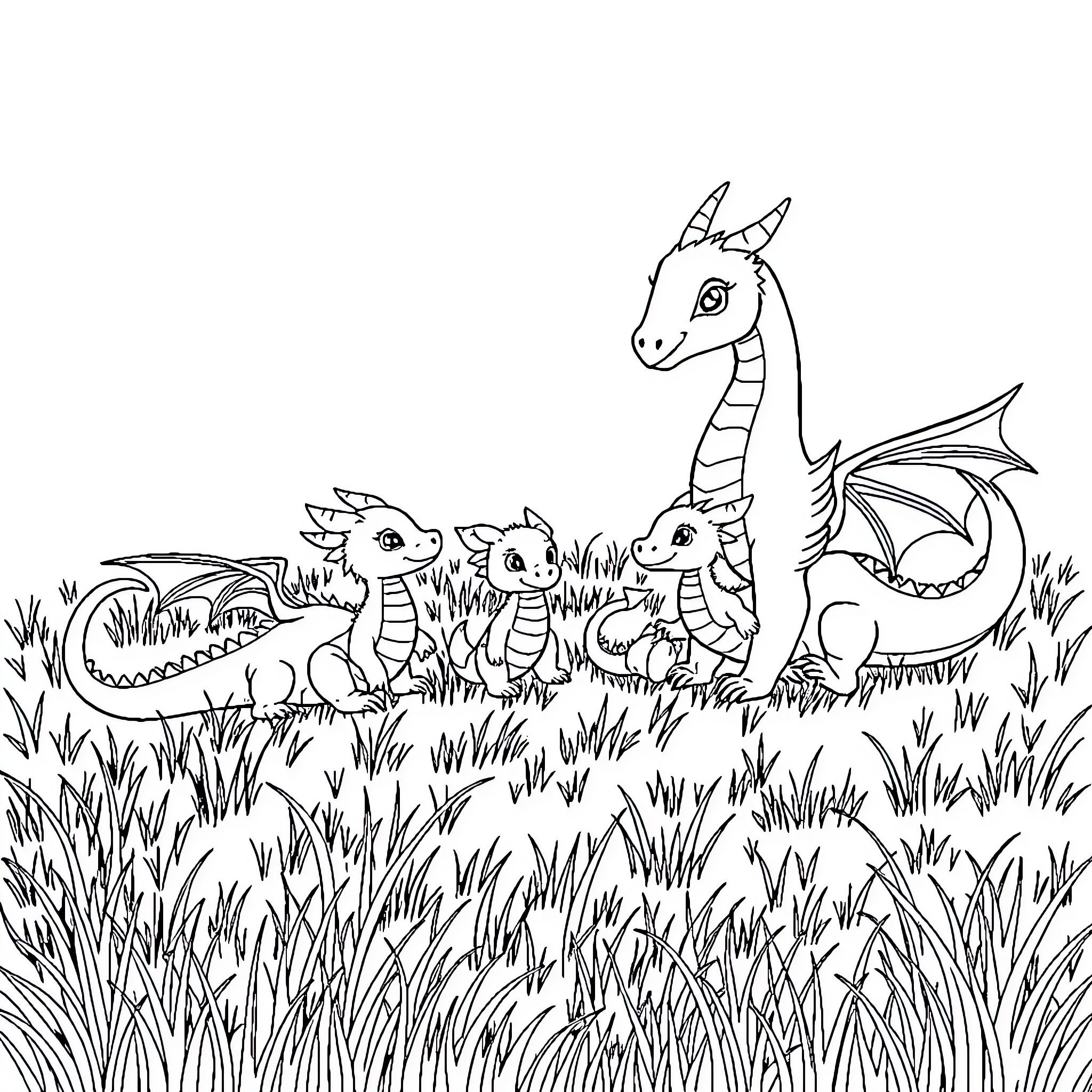 Dragon family playing in the grass Coloring Page (free black-and-white line drawing printable PDF for all, from beginners to advanced learners, including children, teens, adults, and seniors)