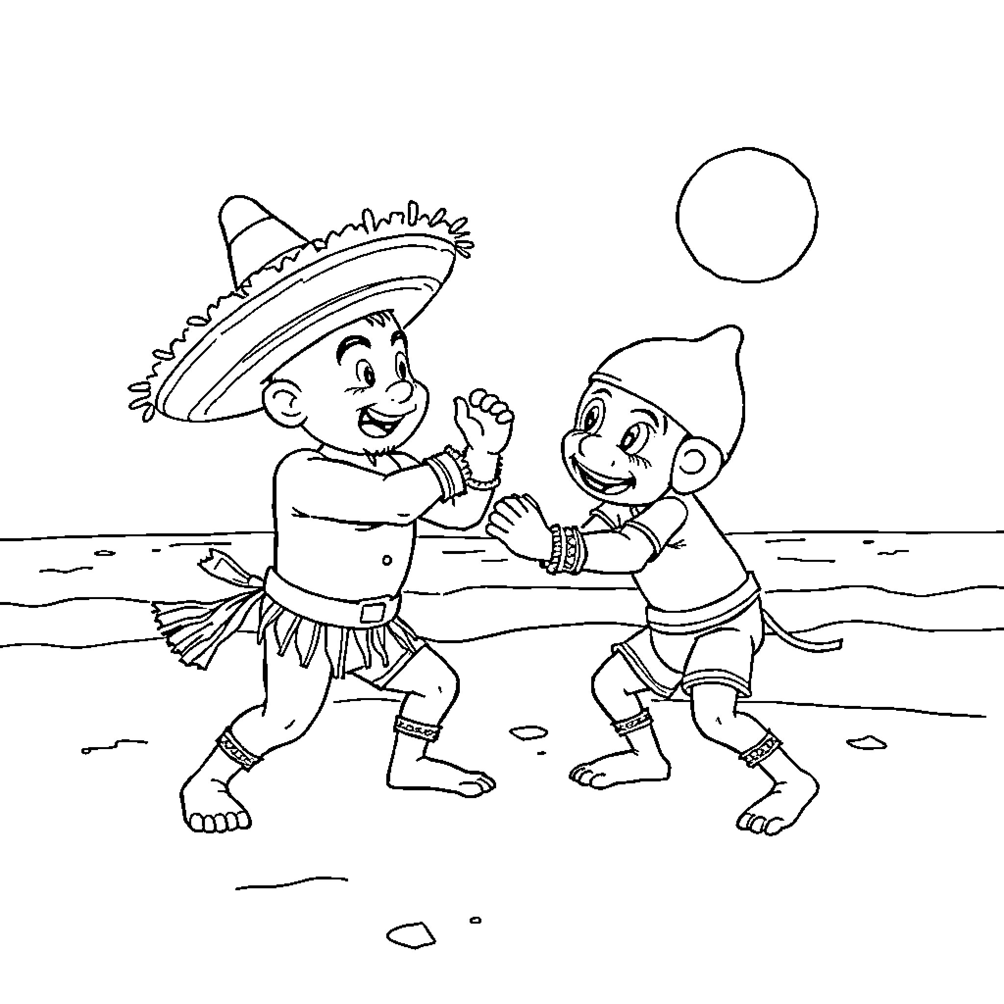 Luchador wrestlers in friendly match Coloring Page (free black-and-white line drawing printable PDF for all, from beginners to advanced learners, including children, teens, adults, and seniors)