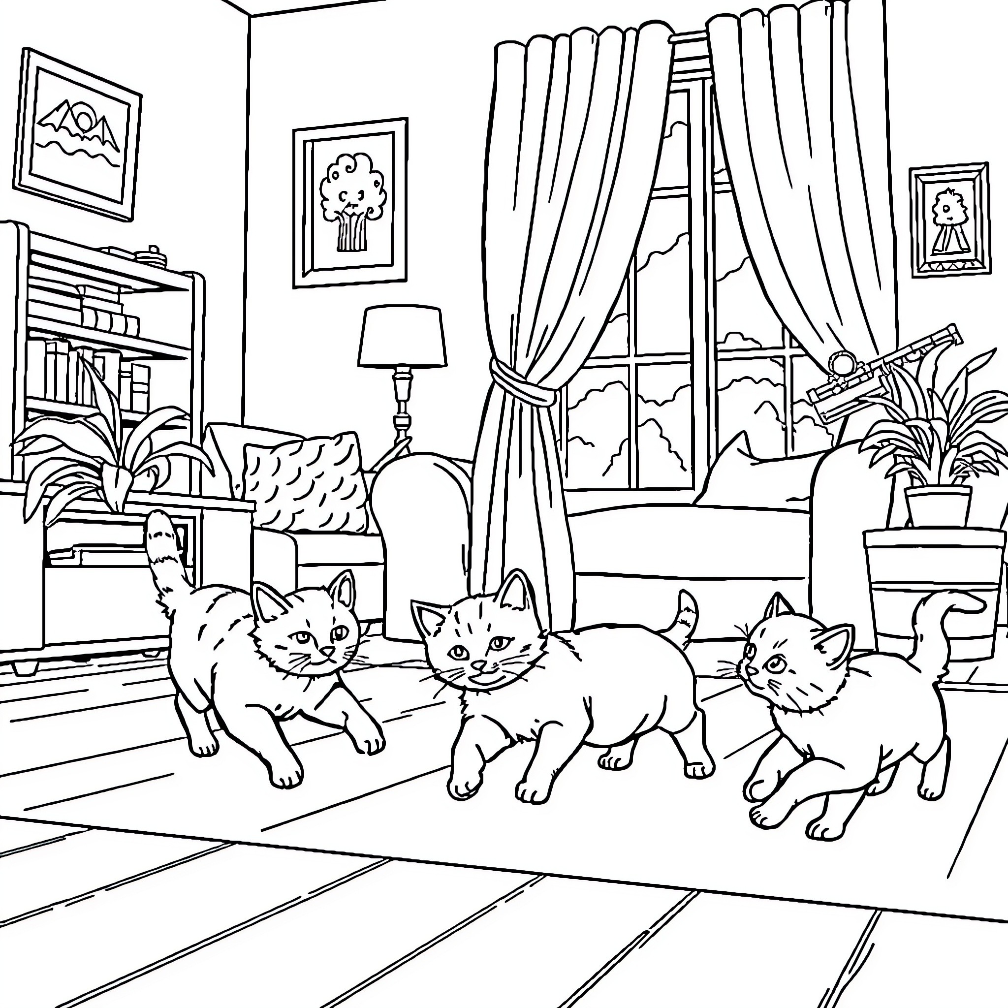 Cats exploring a cozy indoor space Coloring Page (free black-and-white line drawing printable PDF for all, from beginners to advanced learners, including children, teens, adults, and seniors)