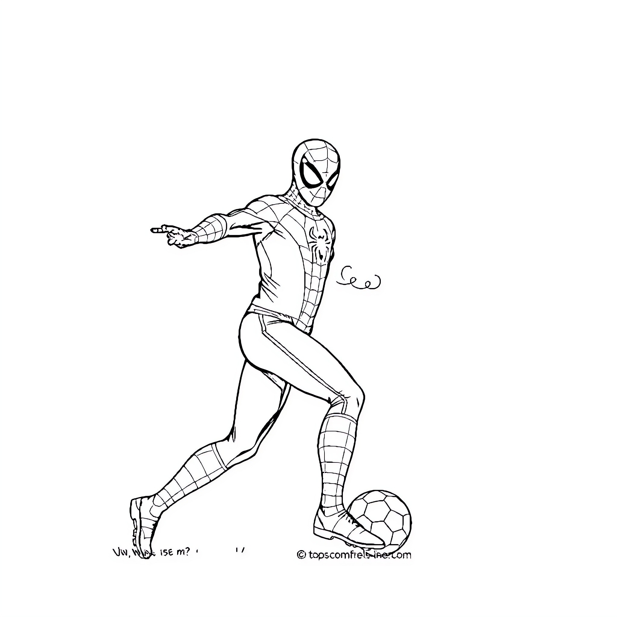 Spiderman playing with soccer ball Coloring Page (free black-and-white line drawing printable PDF for all, from beginners to advanced learners, including children, teens, adults, and seniors)