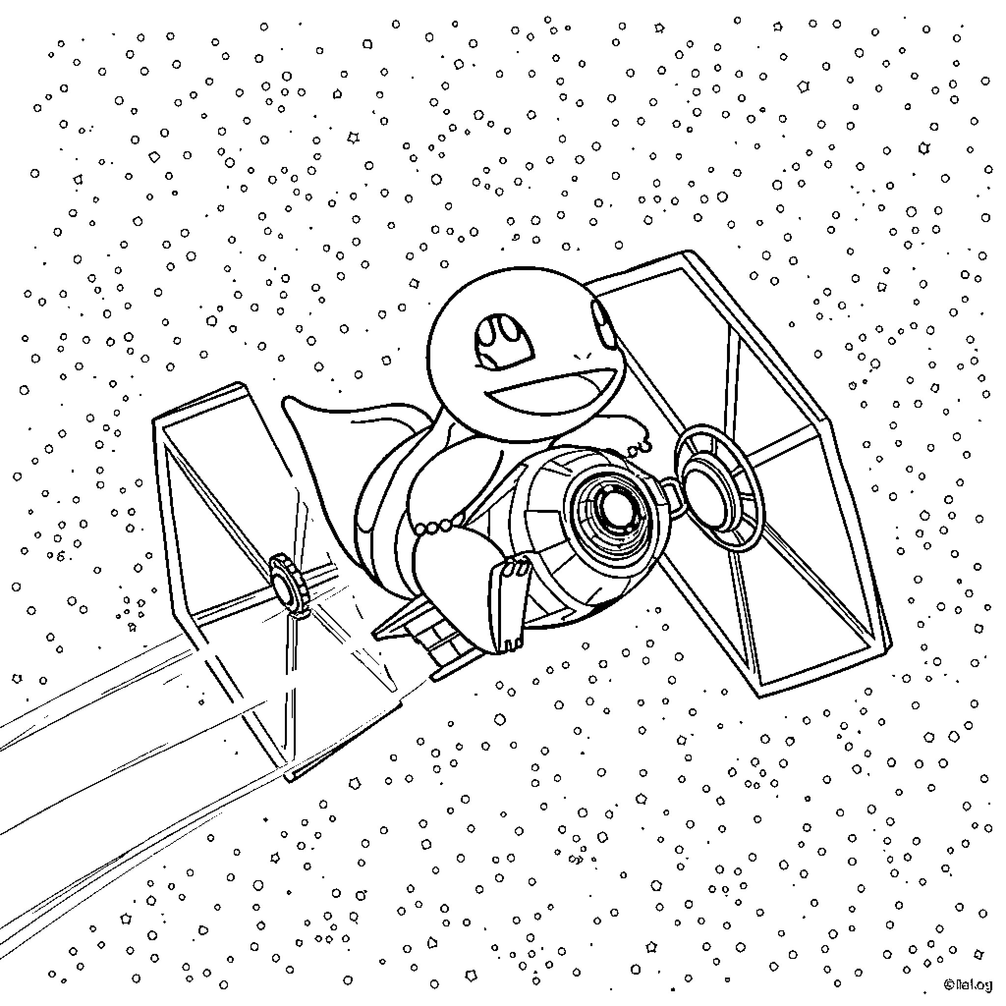 Squirtle riding a TIE fighter in space Coloring Page (free black-and-white line drawing printable PDF for all, from beginners to advanced learners, including children, teens, adults, and seniors)