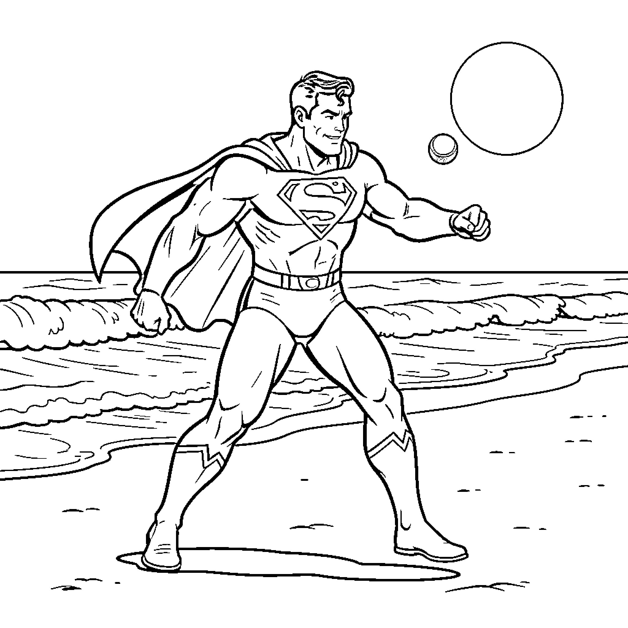 Superman flying above the ocean Coloring Page (free black-and-white line drawing printable PDF for all, from beginners to advanced learners, including children, teens, adults, and seniors)