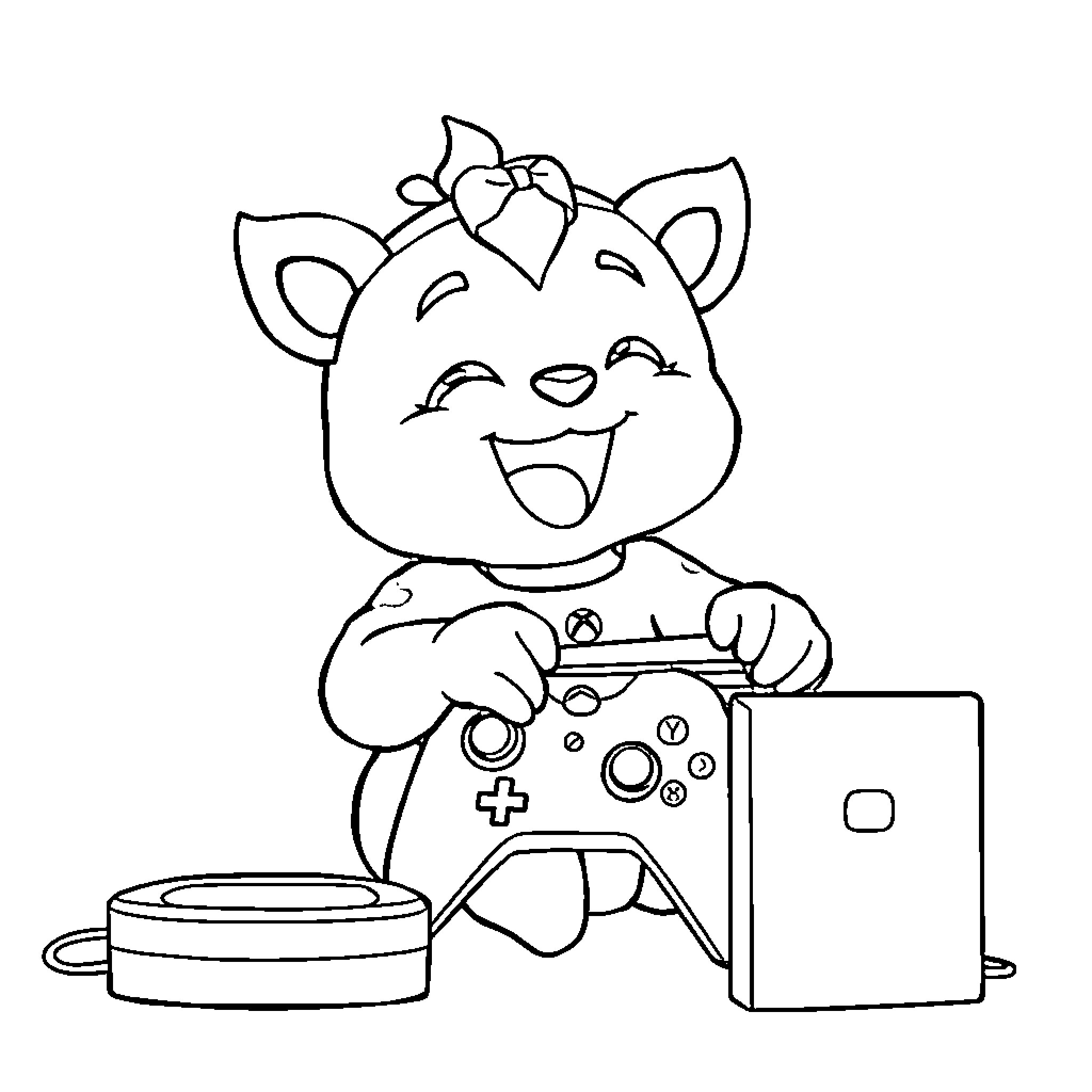 Labubu Playing Video Games Happily Coloring Page (free black-and-white line drawing printable PDF for all, from beginners to advanced learners, including children, teens, adults, and seniors)