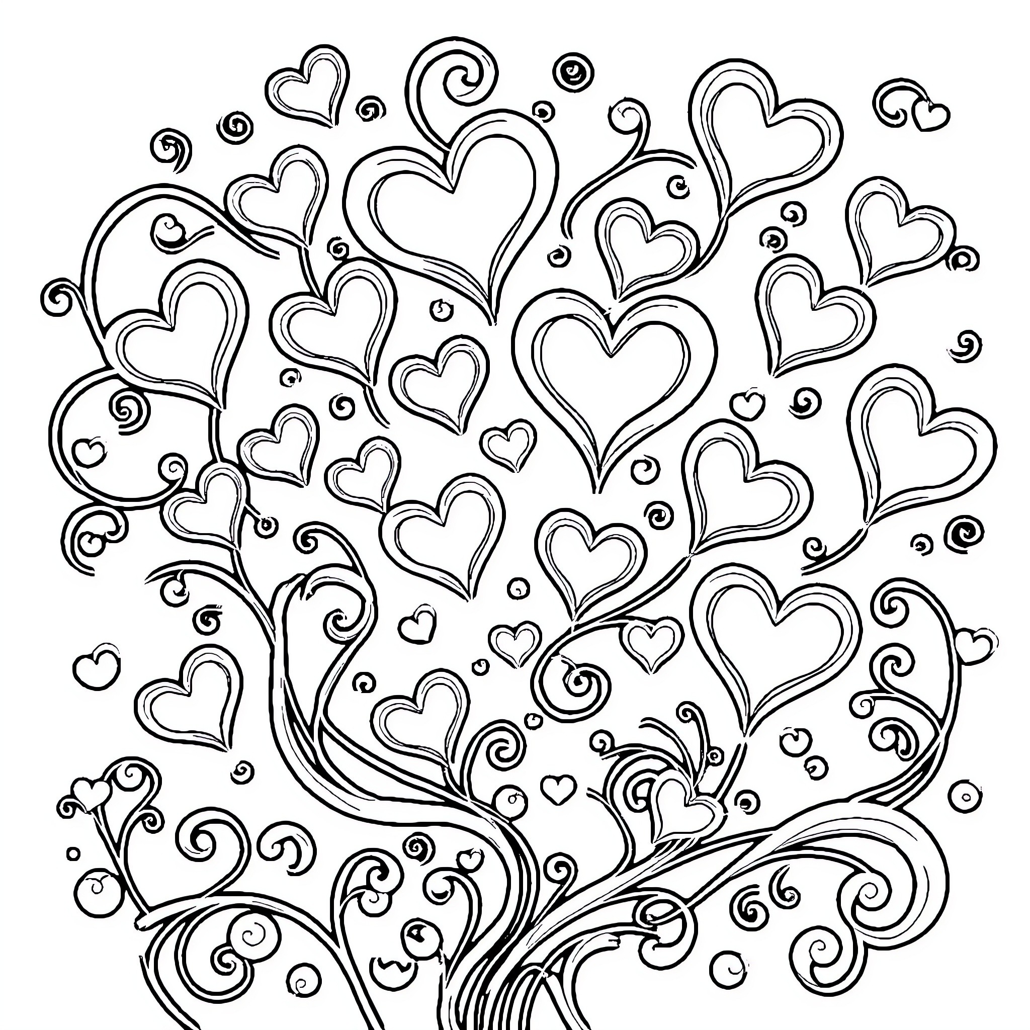 Heart-shaped floral design with swirls and bubbles Coloring Page (free black-and-white line drawing printable PDF for all, from beginners to advanced learners, including children, teens, adults, and seniors)