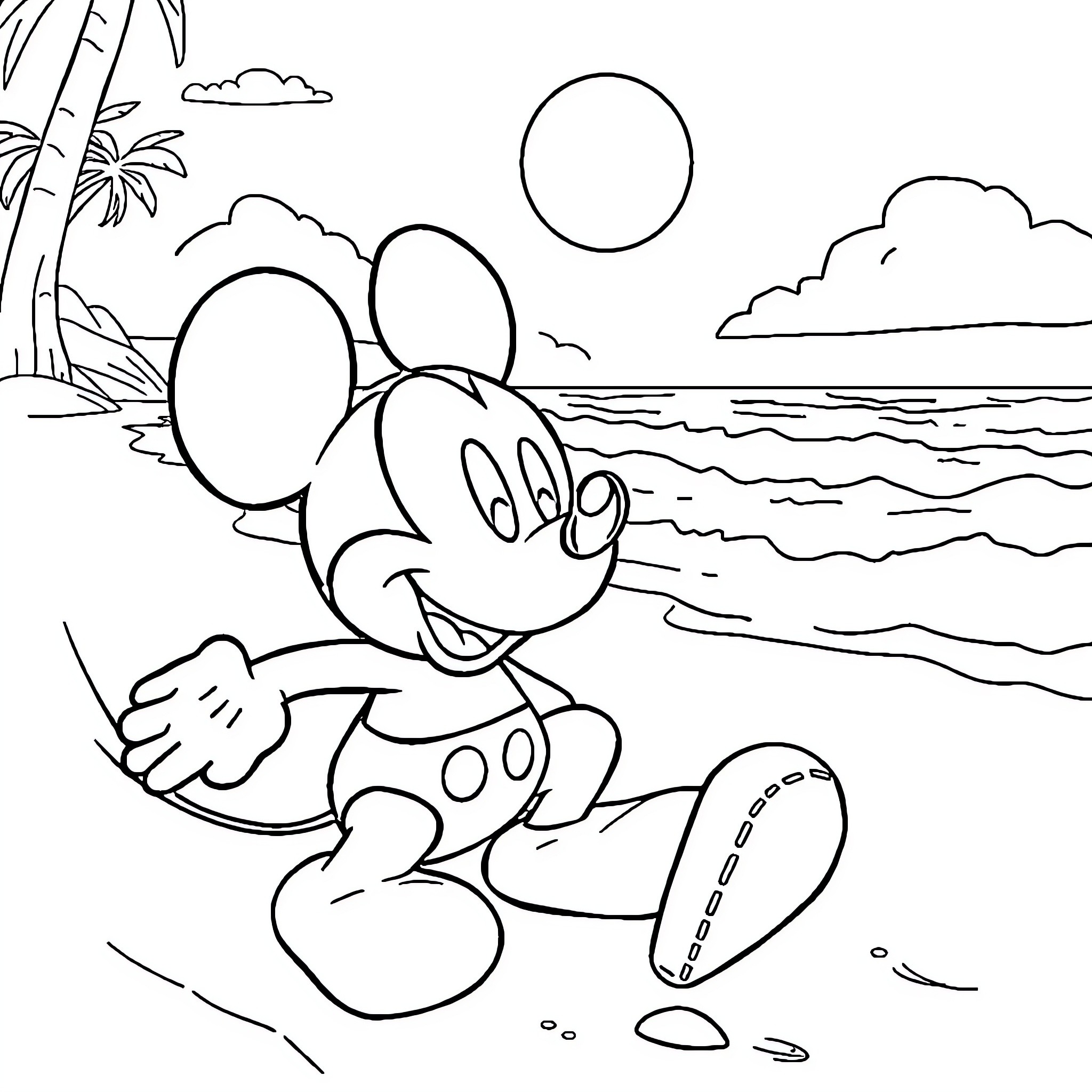 Mickey Mouse enjoying a day at the beach Coloring Page (free black-and-white line drawing printable PDF for all, from beginners to advanced learners, including children, teens, adults, and seniors)