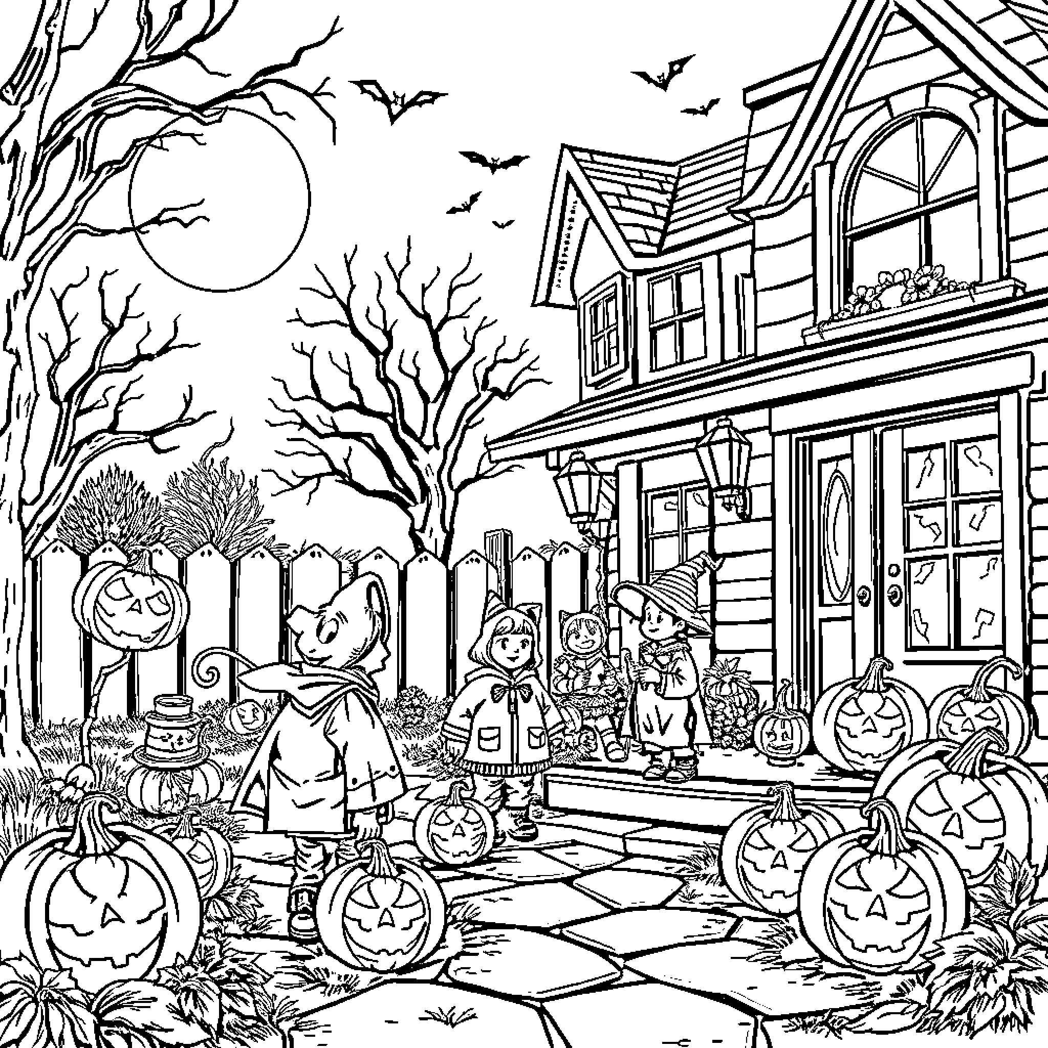 Halloween night in a spooky neighborhood Coloring Page (free black-and-white line drawing printable PDF for all, from beginners to advanced learners, including children, teens, adults, and seniors)