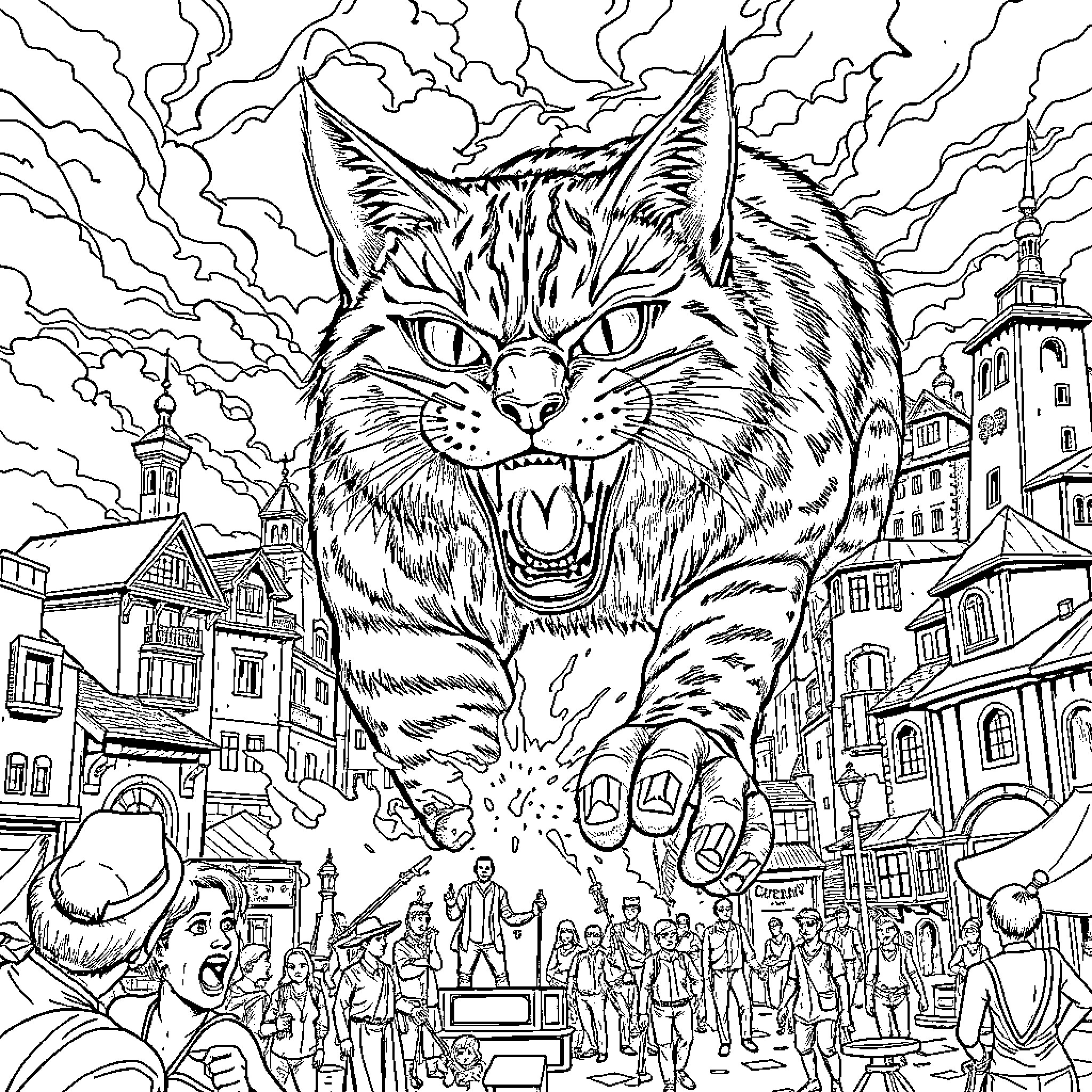 Gato ferocious guardian stalking the city streets Coloring Page (free black-and-white line drawing printable PDF for all, from beginners to advanced learners, including children, teens, adults, and seniors)