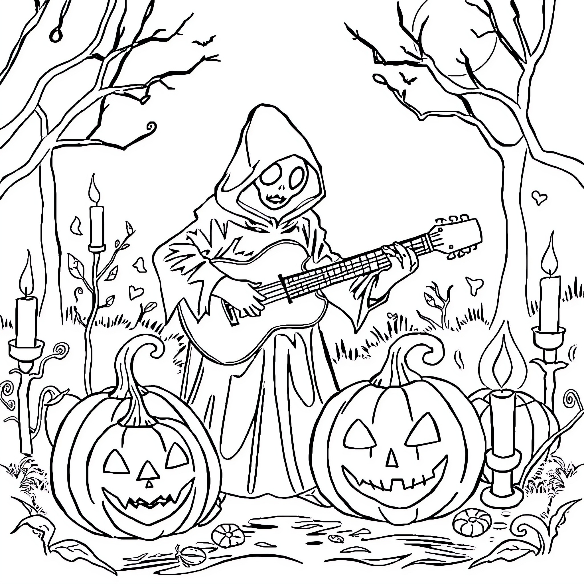 Guitar Playing Grim Reaper in Spooky Halloween Scene Coloring Page (free black-and-white line drawing printable PDF for all, from beginners to advanced learners, including children, teens, adults, and seniors)