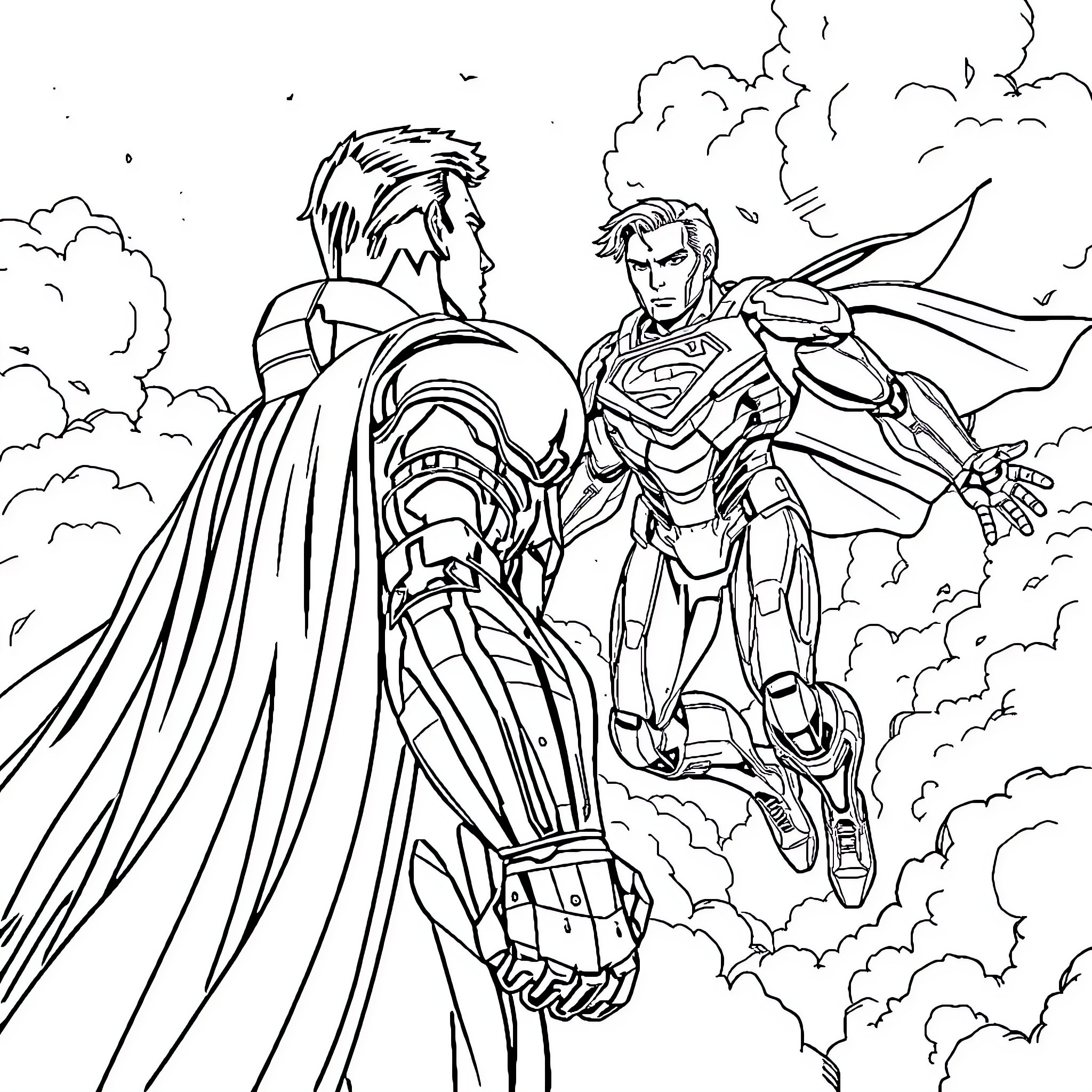 Superman battling a powerful villain in the sky Coloring Page (free black-and-white line drawing printable PDF for all, from beginners to advanced learners, including children, teens, adults, and seniors)