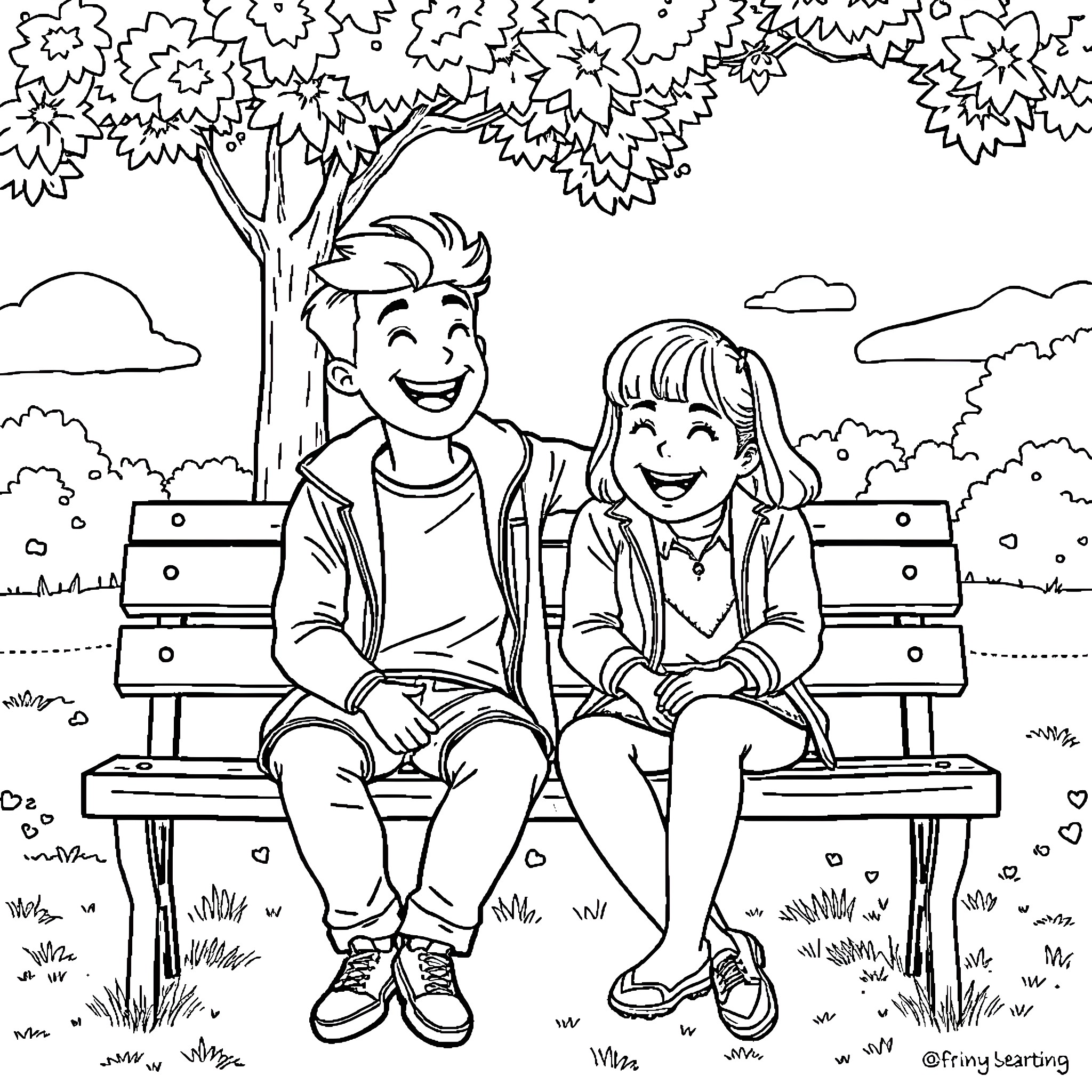 Nick and Charlie enjoying a conversation on a park bench Coloring Page (free black-and-white line drawing printable PDF for all, from beginners to advanced learners, including children, teens, adults, and seniors)