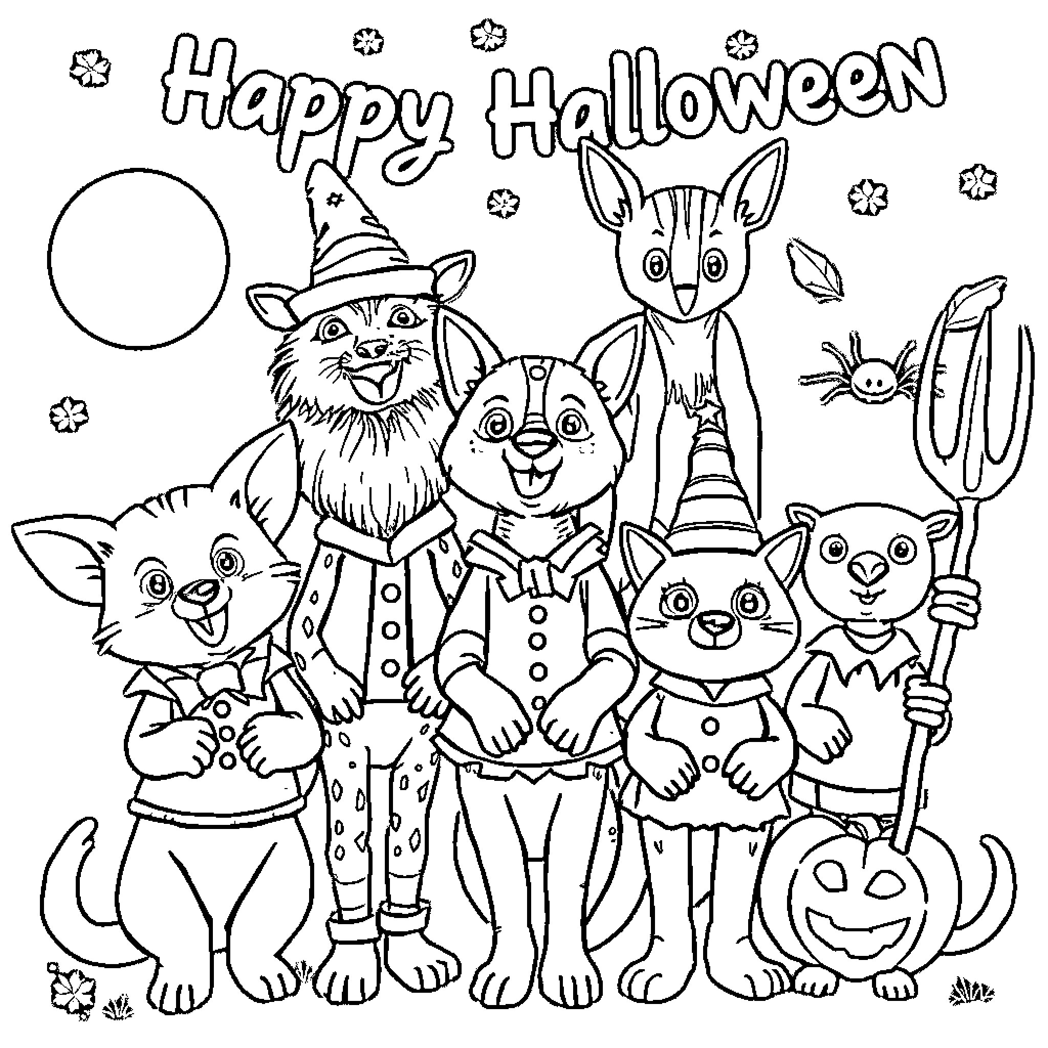 Animal friends in Halloween costumes celebrating Coloring Page (free black-and-white line drawing printable PDF for all, from beginners to advanced learners, including children, teens, adults, and seniors)