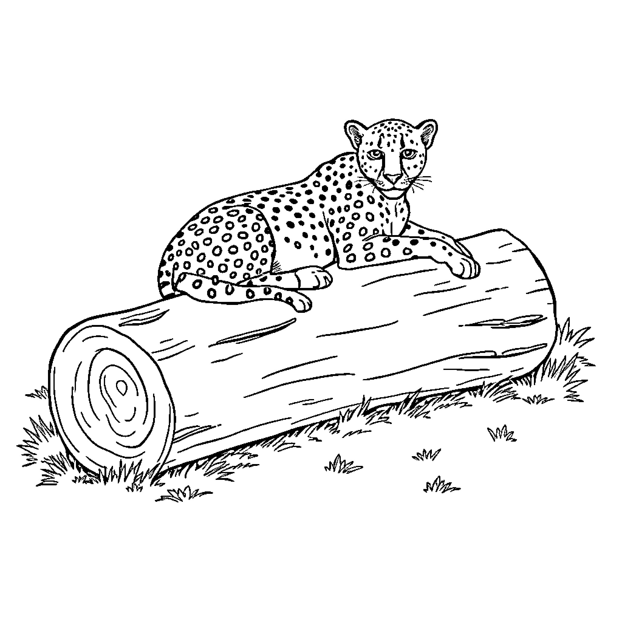 Cheetah resting on a log in the wild Coloring Page (free black-and-white line drawing printable PDF for all, from beginners to advanced learners, including children, teens, adults, and seniors)
