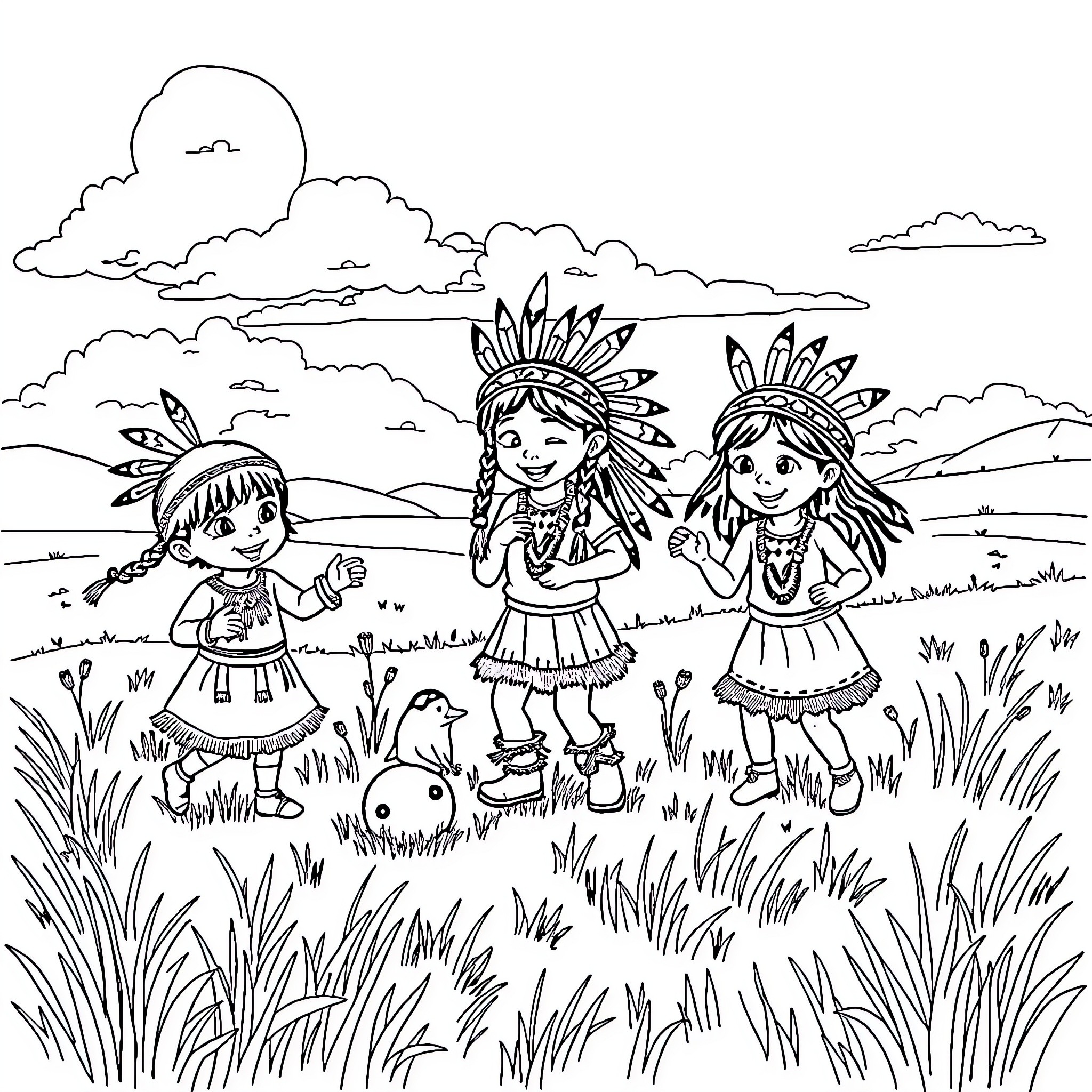 Kid Indigenous Characters Playing in Nature Coloring Page (free black-and-white line drawing printable PDF for all, from beginners to advanced learners, including children, teens, adults, and seniors)