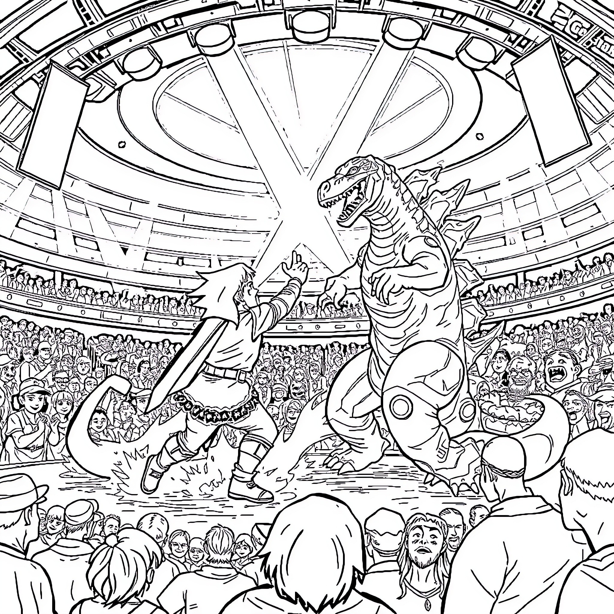 Link in an epic battle against a giant dinosaur creature Coloring Page (free black-and-white line drawing printable PDF for all, from beginners to advanced learners, including children, teens, adults, and seniors)