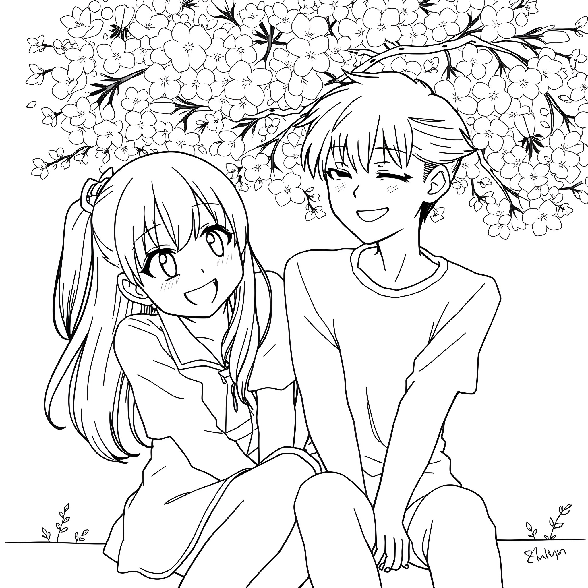 Nagatoro and her friend enjoying the spring flowers Coloring Page (free black-and-white line drawing printable PDF for all, from beginners to advanced learners, including children, teens, adults, and seniors)