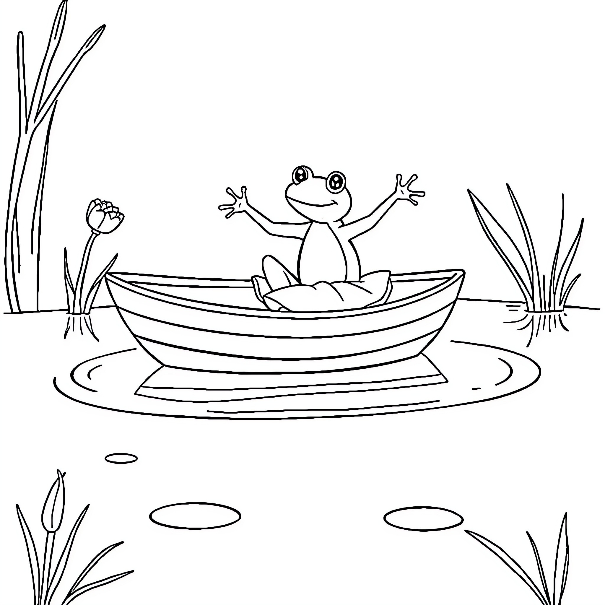 Frog sitting joyfully in a boat on the pond Coloring Page (free black-and-white line drawing printable PDF for all, from beginners to advanced learners, including children, teens, adults, and seniors)