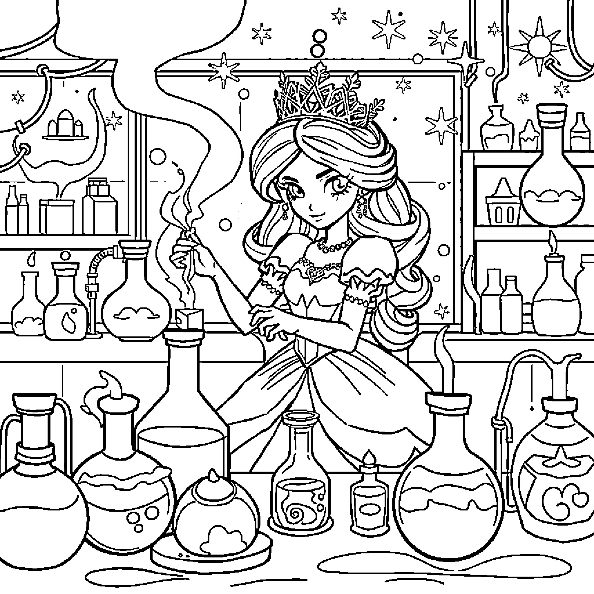 Princess Mixing Potions in Her Magical Lab Coloring Page (free black-and-white line drawing printable PDF for all, from beginners to advanced learners, including children, teens, adults, and seniors)