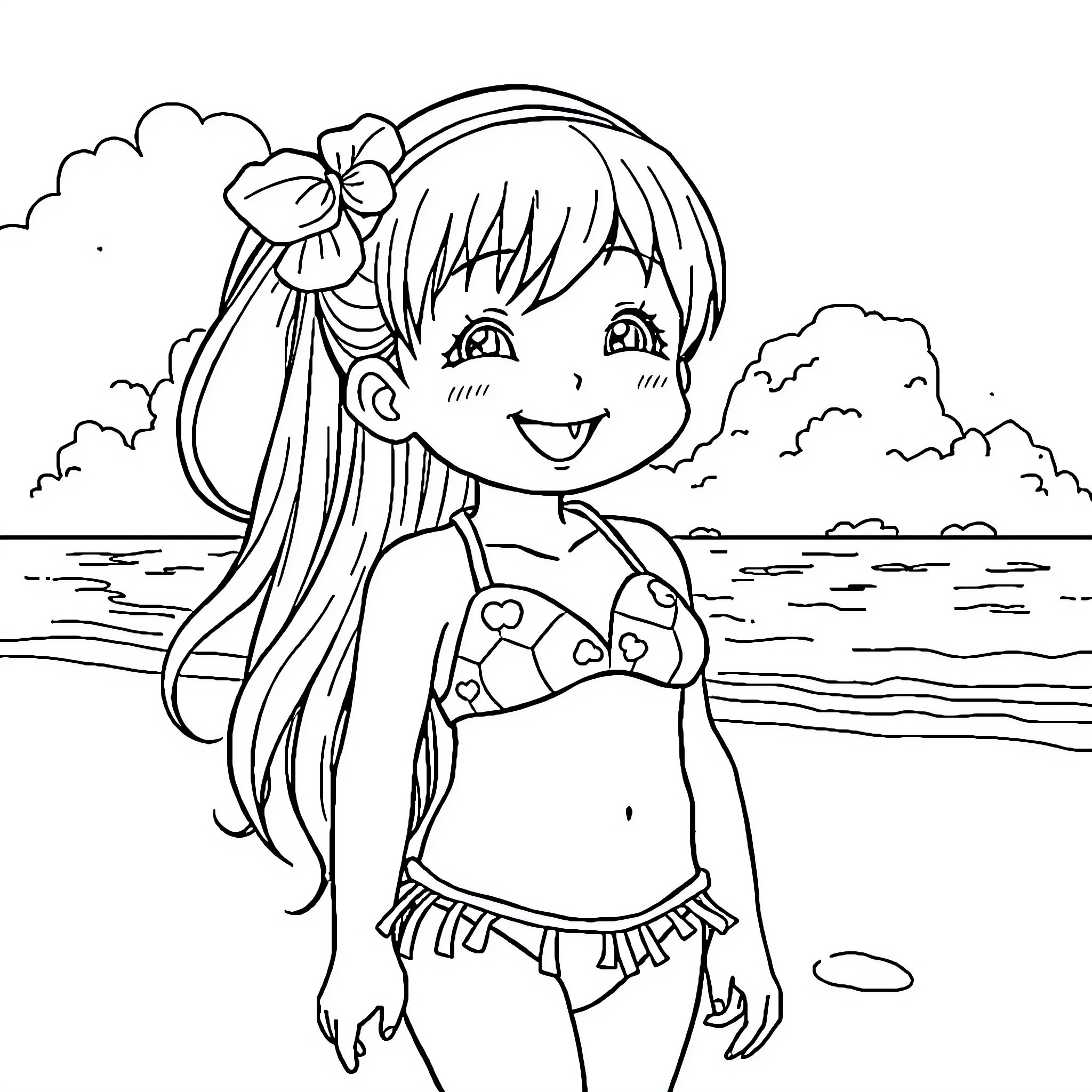 Girl happily playing at the beach Coloring Page (free black-and-white line drawing printable PDF for all, from beginners to advanced learners, including children, teens, adults, and seniors)