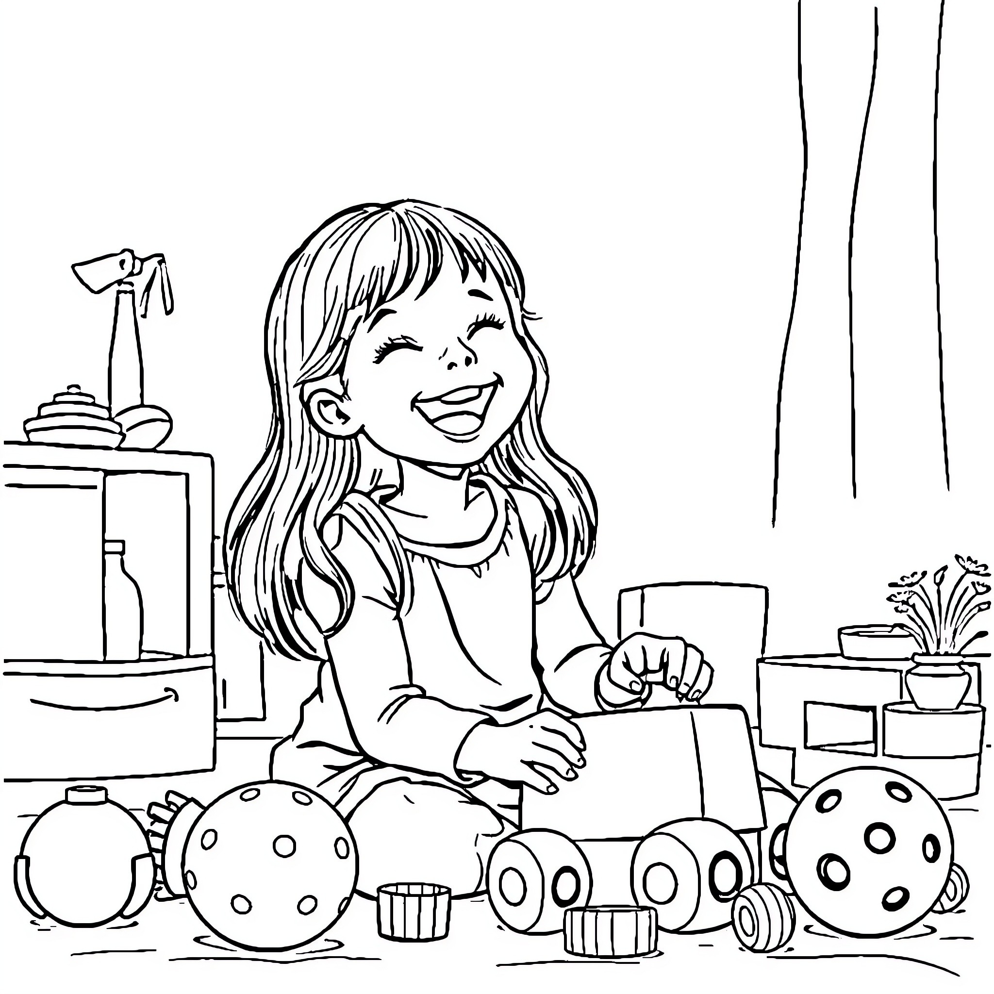 Daughter playing joyfully with toys in her room Coloring Page (free black-and-white line drawing printable PDF for all, from beginners to advanced learners, including children, teens, adults, and seniors)