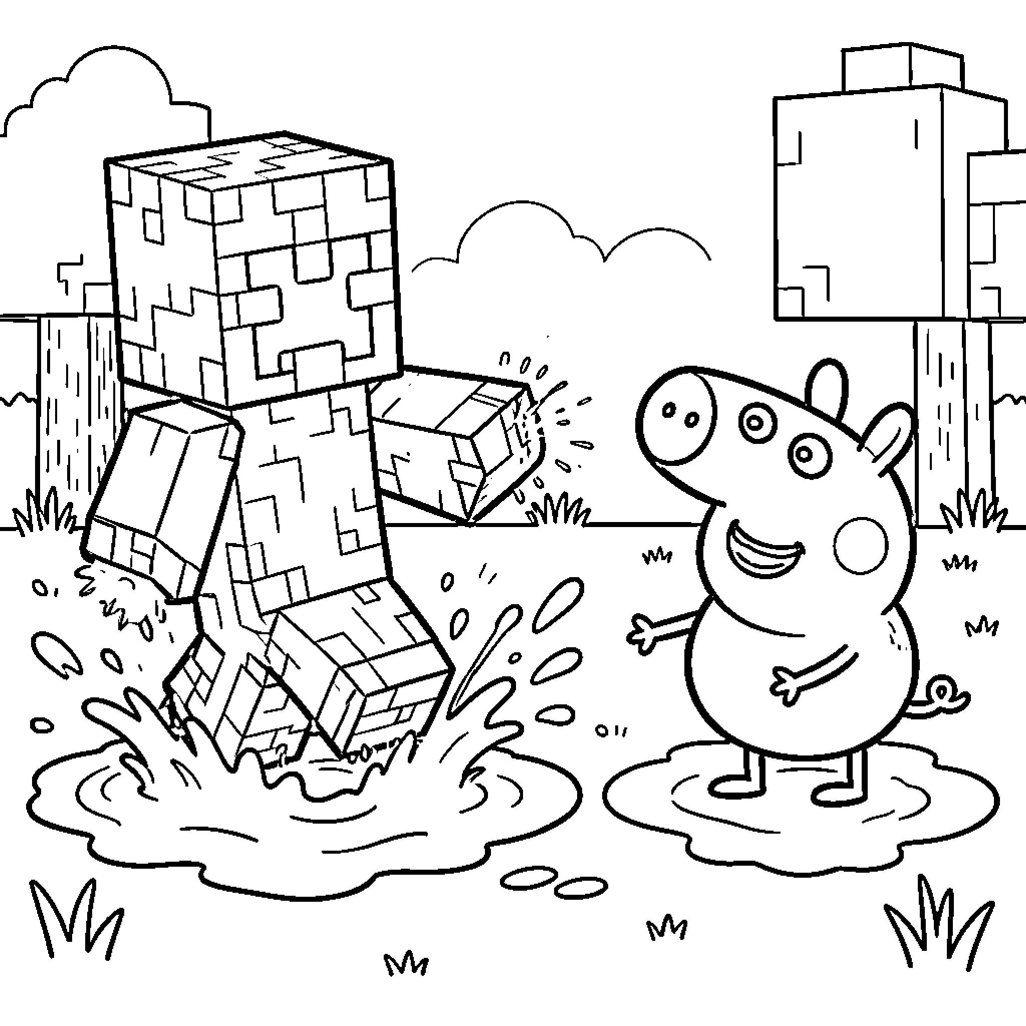 Creeper splashing in a puddle near a happy pig Coloring Page (free black-and-white line drawing printable PDF for all, from beginners to advanced learners, including children, teens, adults, and seniors)