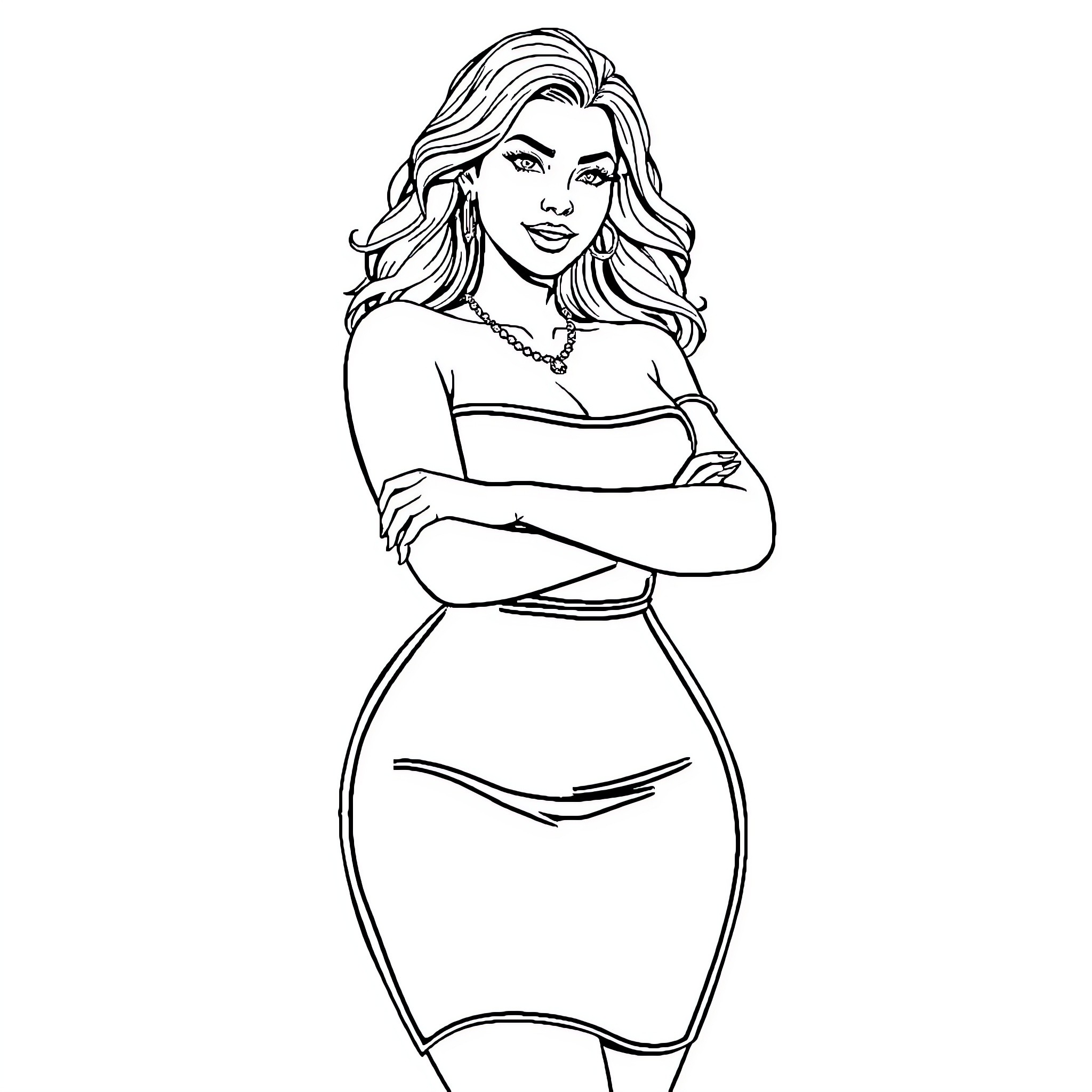 Woman in a stylish dress with confident pose Coloring Page (free black-and-white line drawing printable PDF for all, from beginners to advanced learners, including children, teens, adults, and seniors)