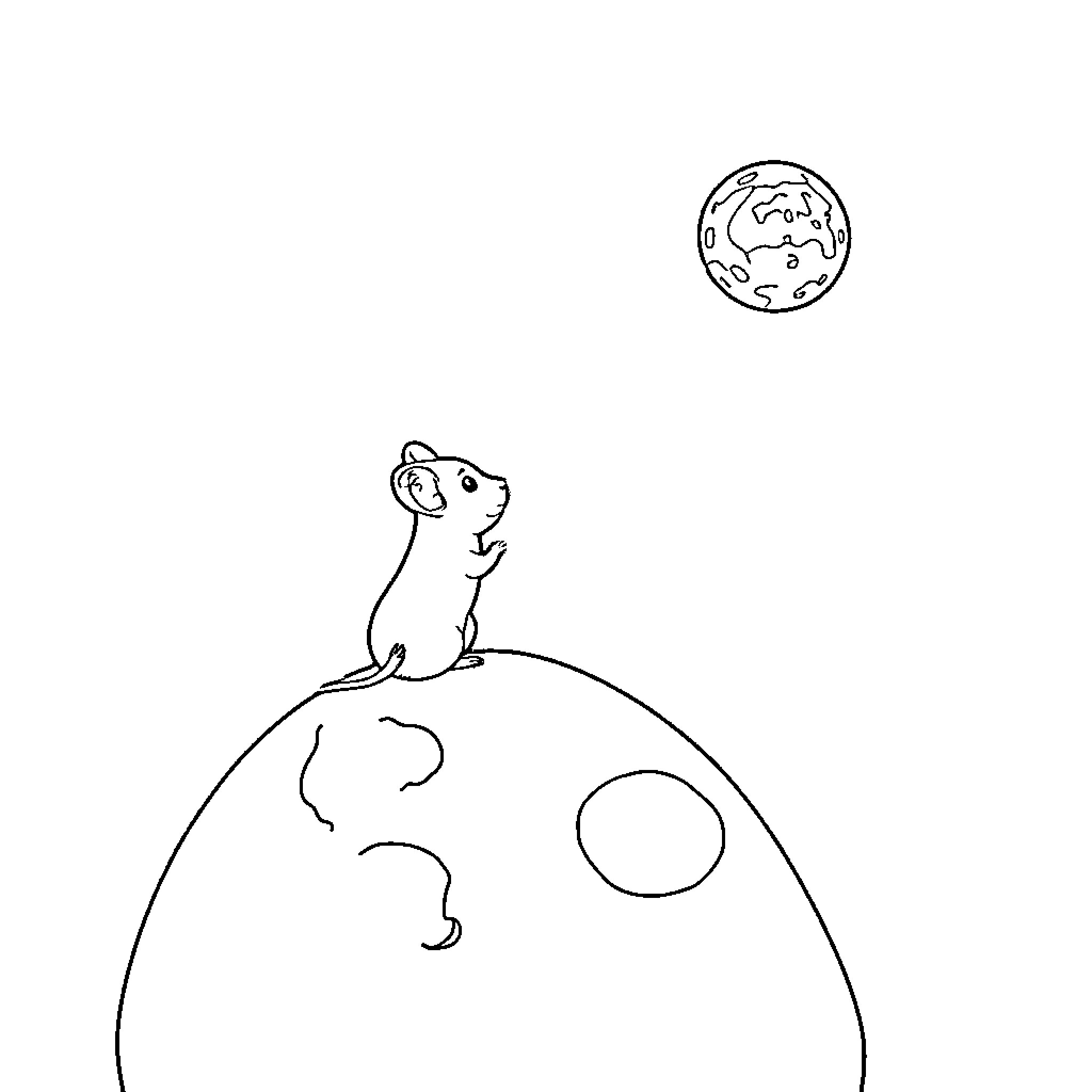 Mouse exploring the moon's surface Coloring Page (free black-and-white line drawing printable PDF for all, from beginners to advanced learners, including children, teens, adults, and seniors)