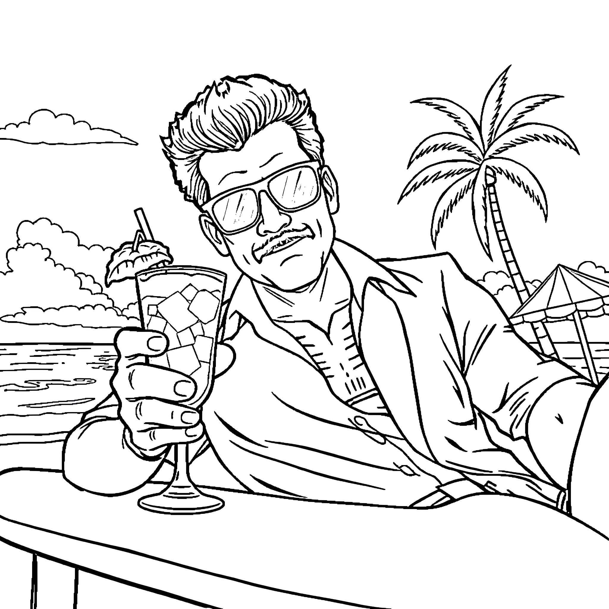 Thomas Magnum enjoying a tropical drink on the beach Coloring Page (free black-and-white line drawing printable PDF for all, from beginners to advanced learners, including children, teens, adults, and seniors)
