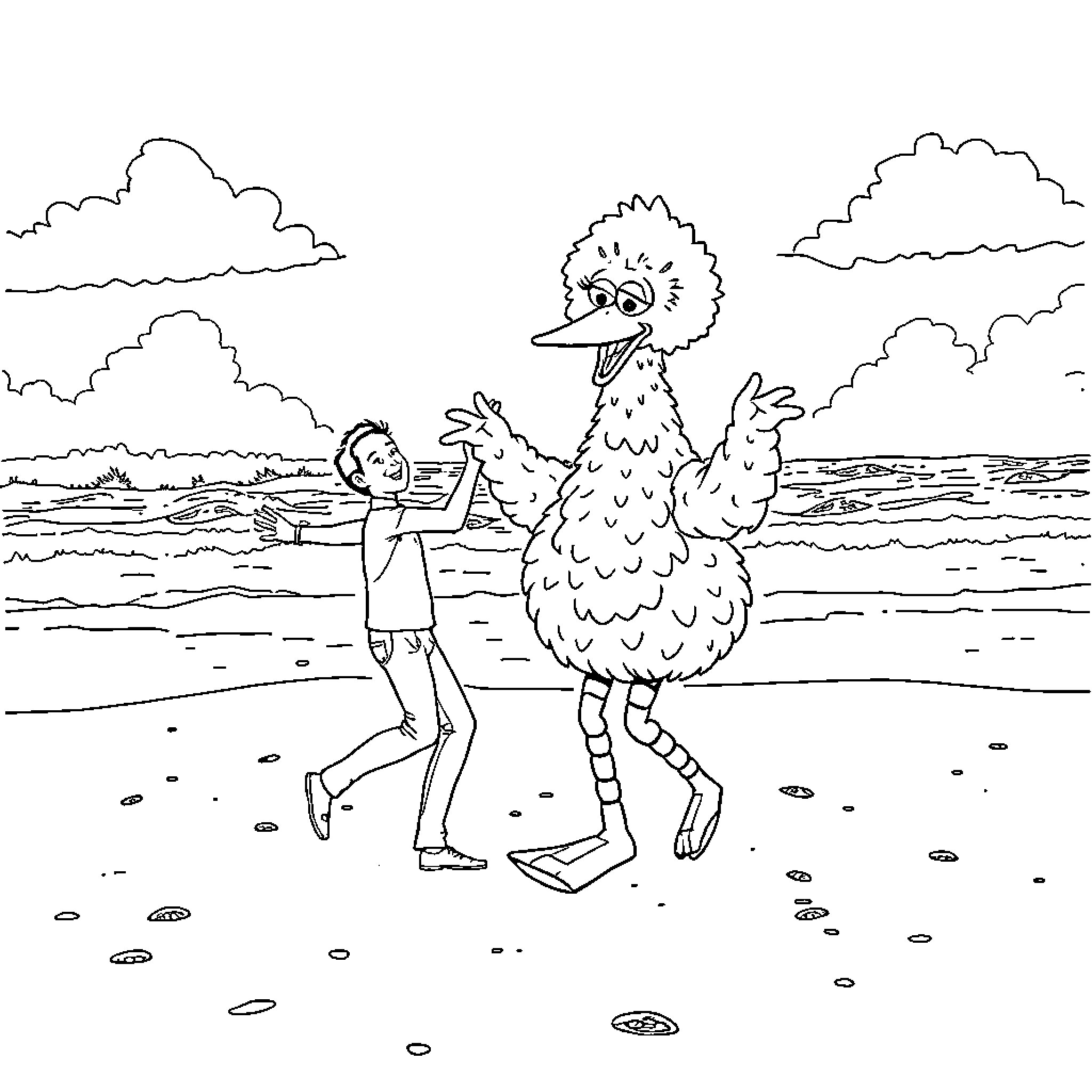 Craig Revel Horwood interacting playfully with a large bird on the beach Coloring Page (free black-and-white line drawing printable PDF for all, from beginners to advanced learners, including children, teens, adults, and seniors)